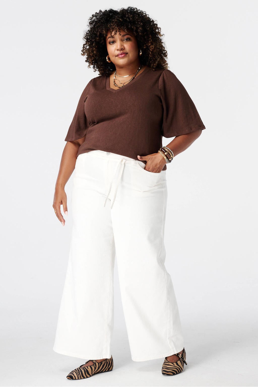 Bruine dames MS Mode top Plus Size met effen en driekwart mouwen