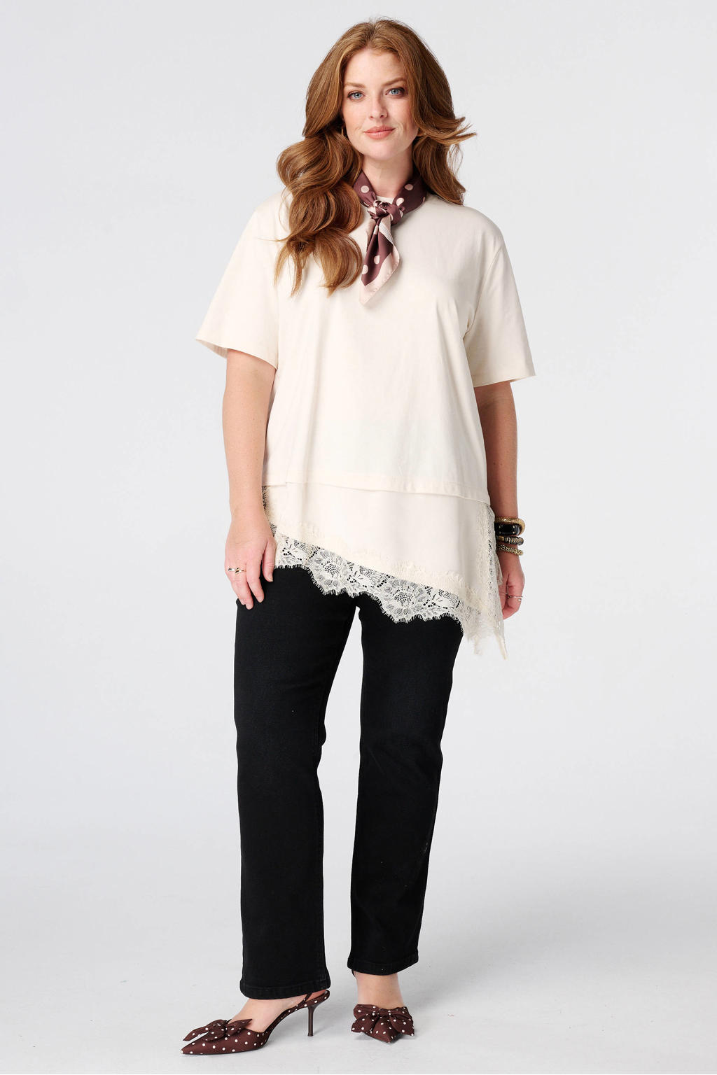 Ecru dames MS Mode top Plus Size met effen, korte mouwen en kant