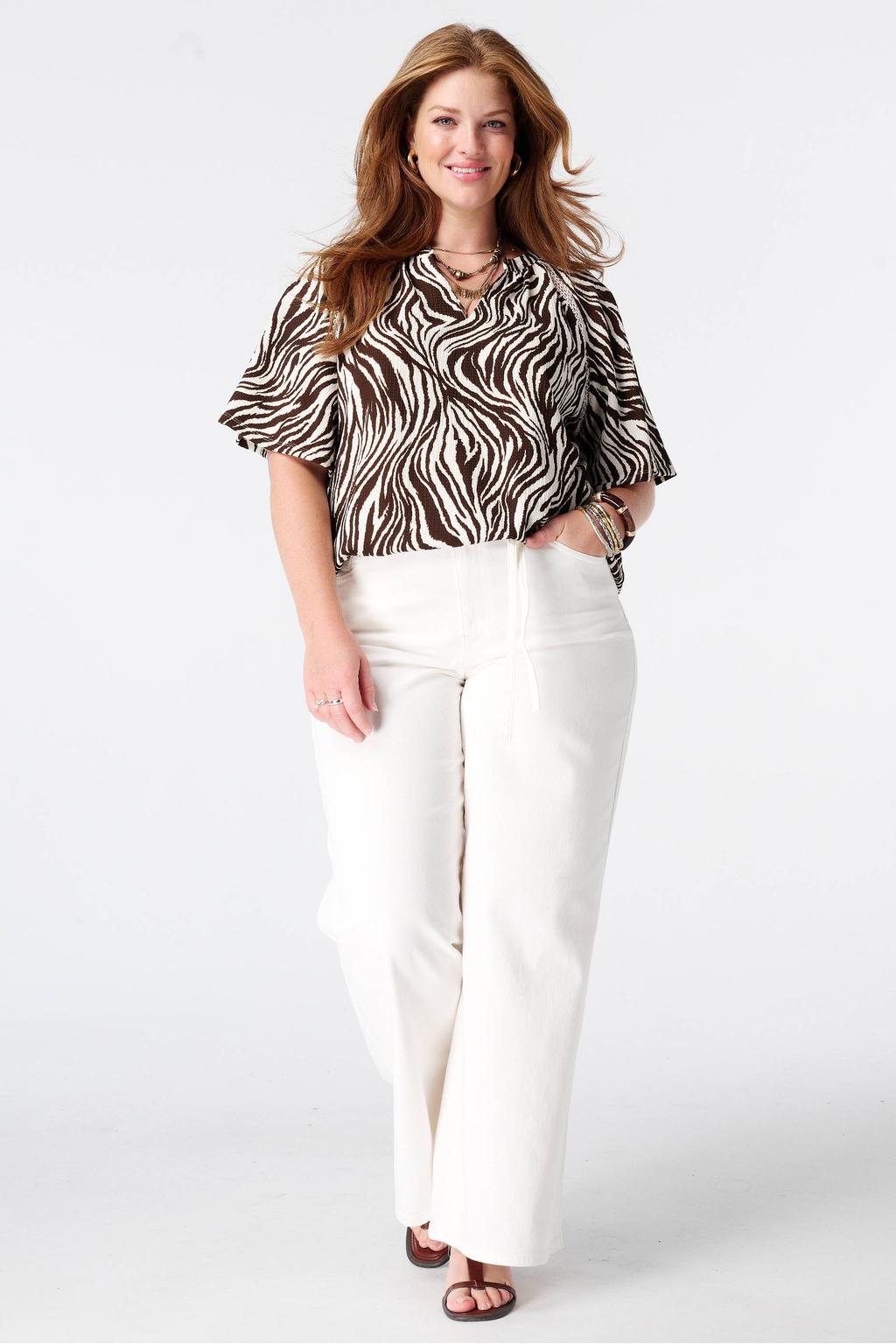 Bruin en ecru dames MS Mode top Plus Size van polyester met korte mouwen
