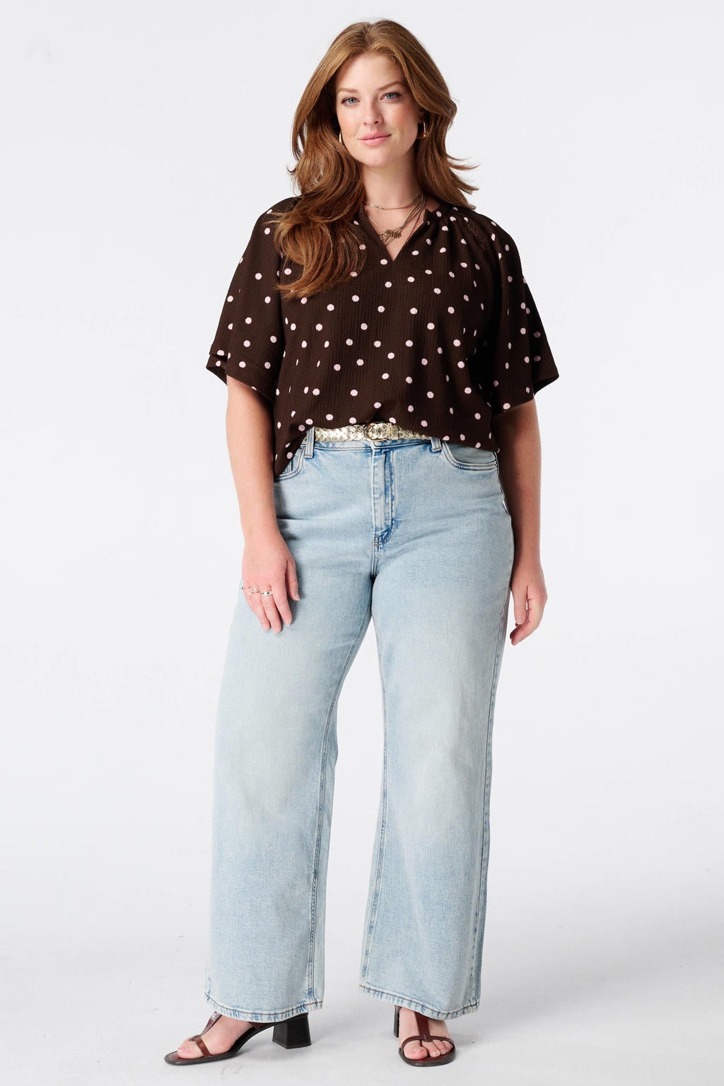 Bruin en lichtroze dames MS Mode top Plus Size van polyester met korte mouwen