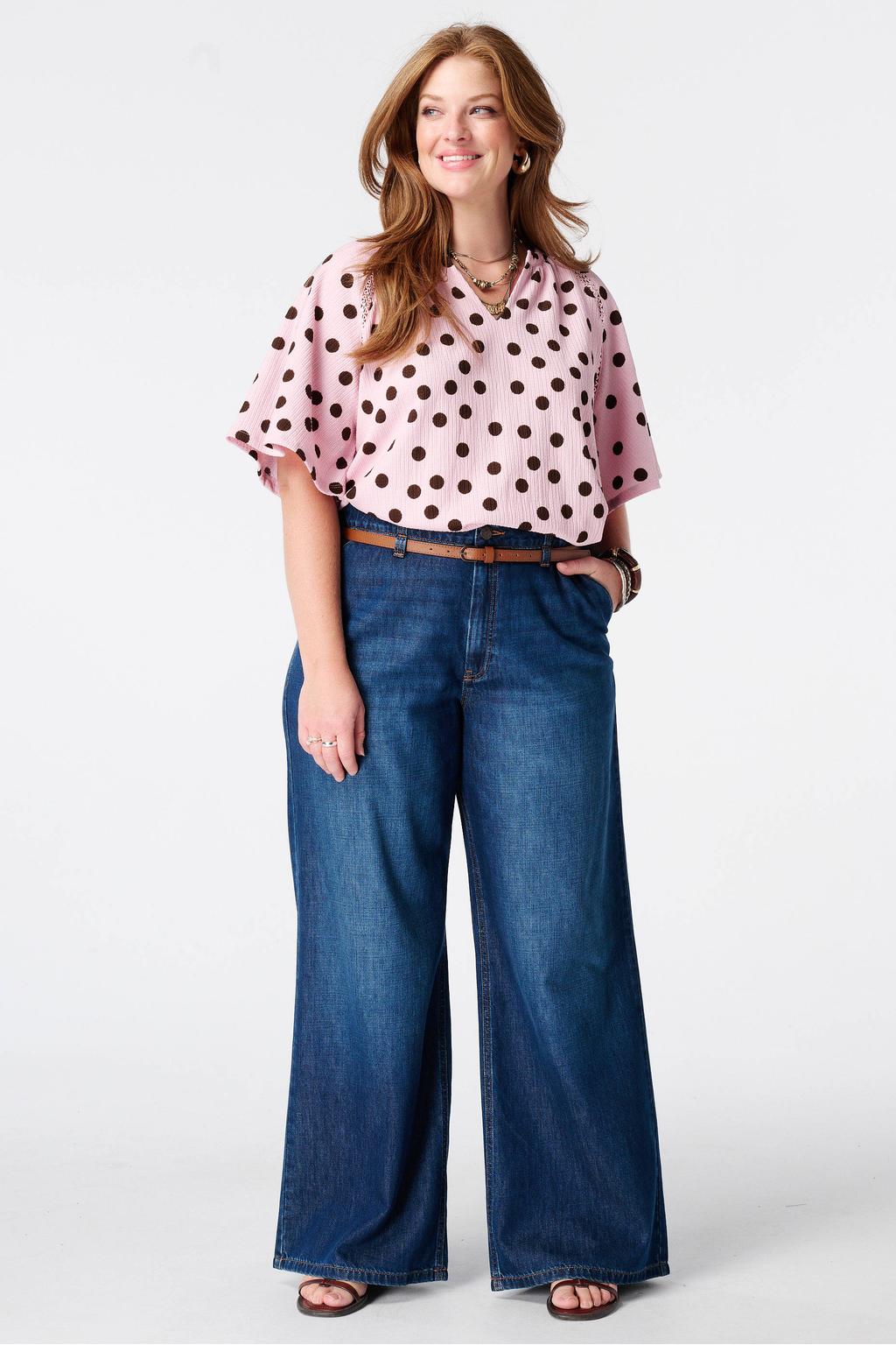 Roze en zwarte dames MS Mode top Plus Size van polyester met stippenprint en korte mouwen