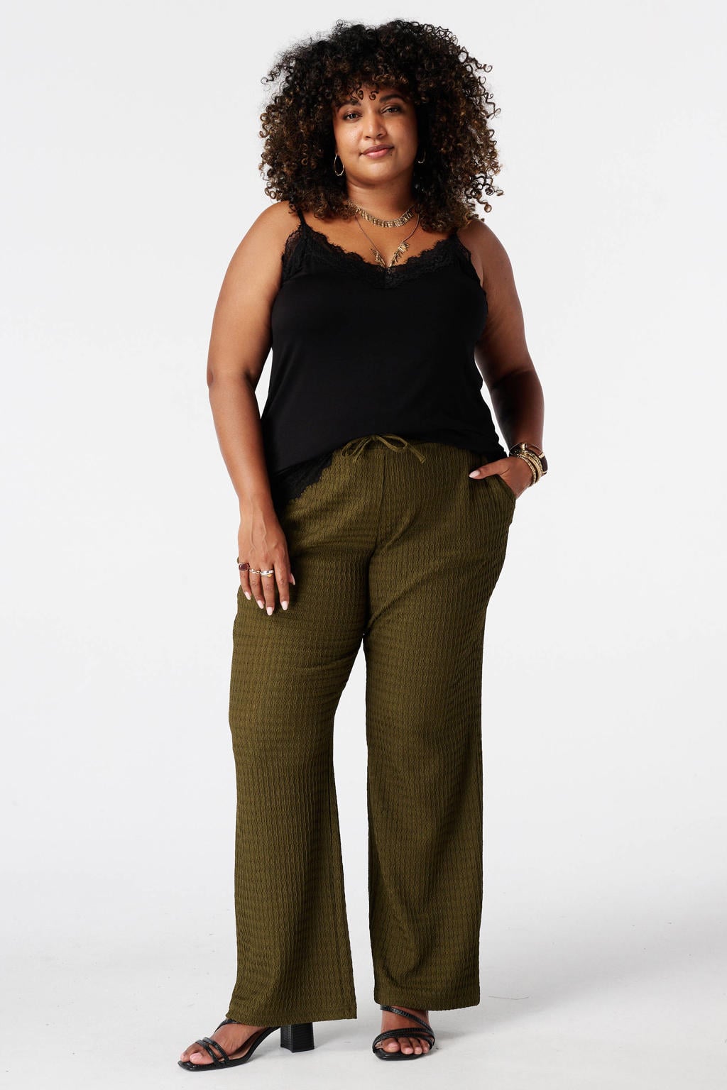 Zwarte dames MS Mode top Plus Size van viscose met effen, klassieke kraag en kant