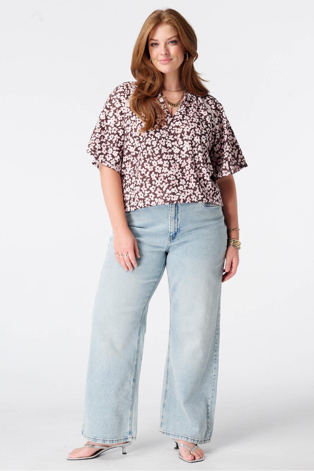 Multikleurige dames MS Mode gebloemde top Plus Size meerkleurig van polyester met korte mouwen