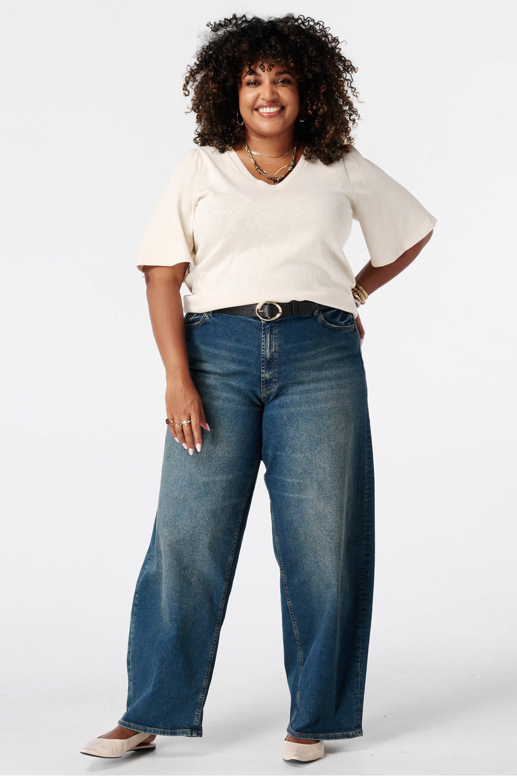 Ecru dames MS Mode top Plus Size met effen en driekwart mouwen