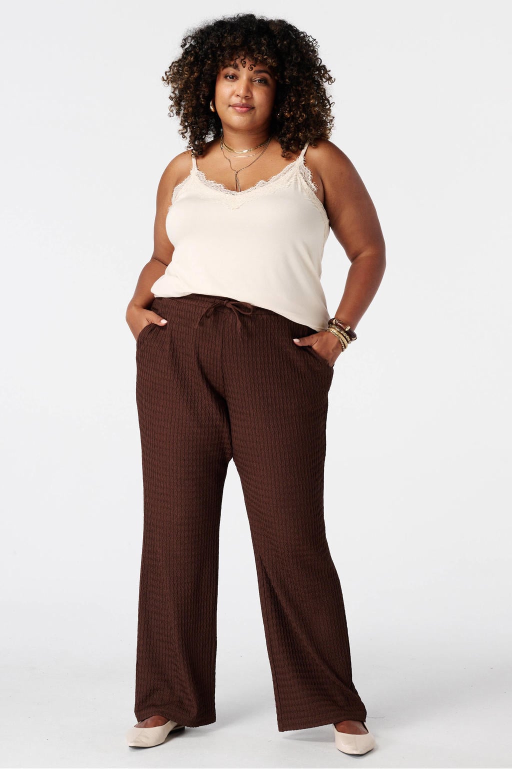 Ecru dames MS Mode top Plus Size van viscose met effen, klassieke kraag en kant