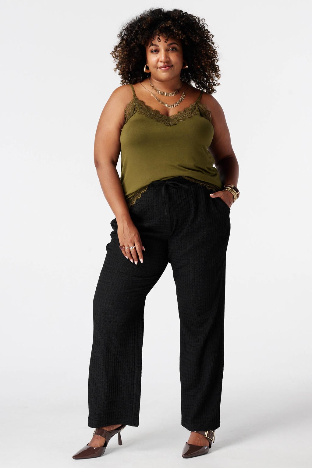 Groene dames MS Mode top Plus Size van viscose met effen, klassieke kraag en kant