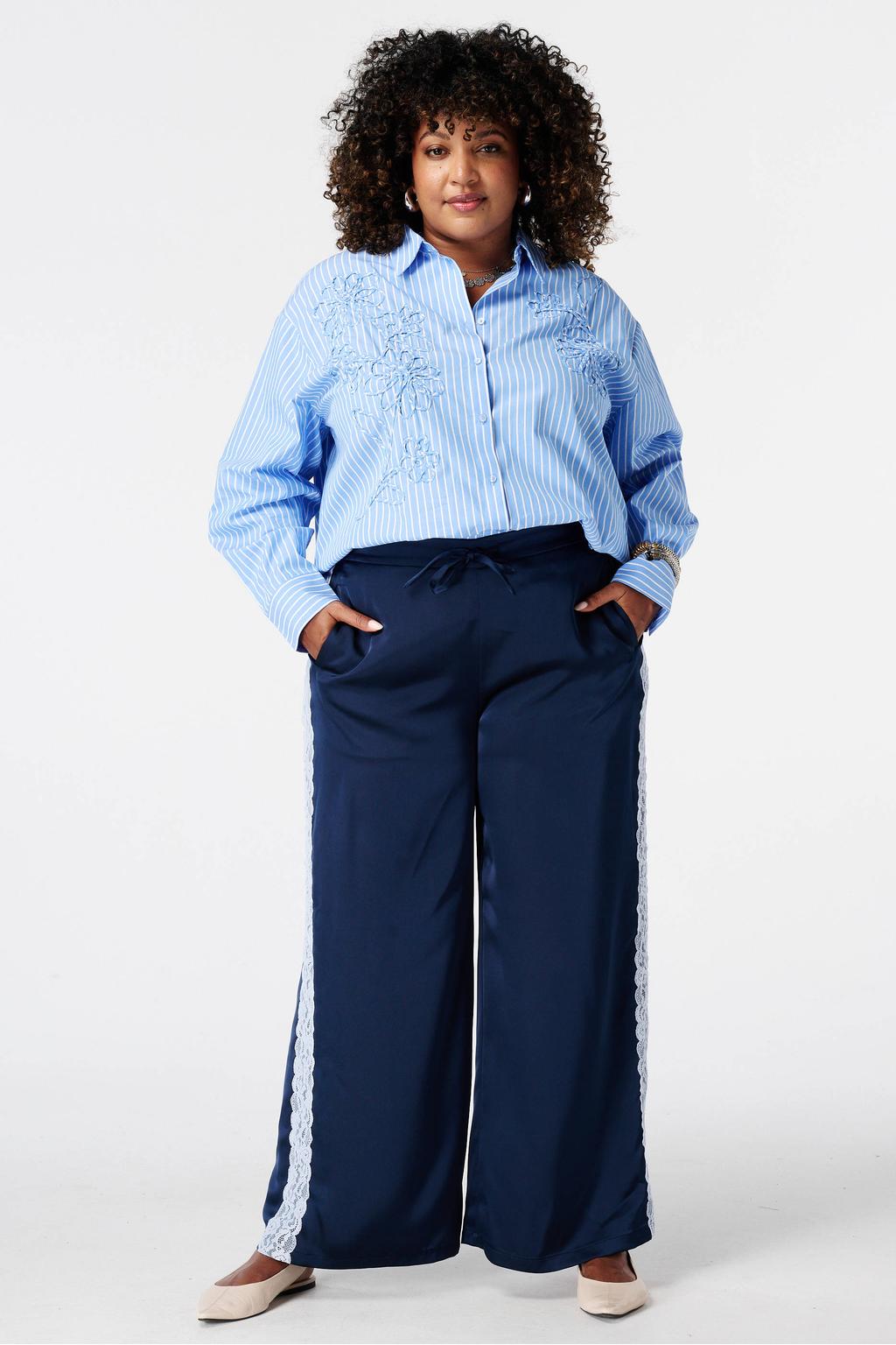 Blauwe dames MS Mode gestreepte blouse Plus Size van katoen met lange mouwen, klassieke kraag en knoopsluiting