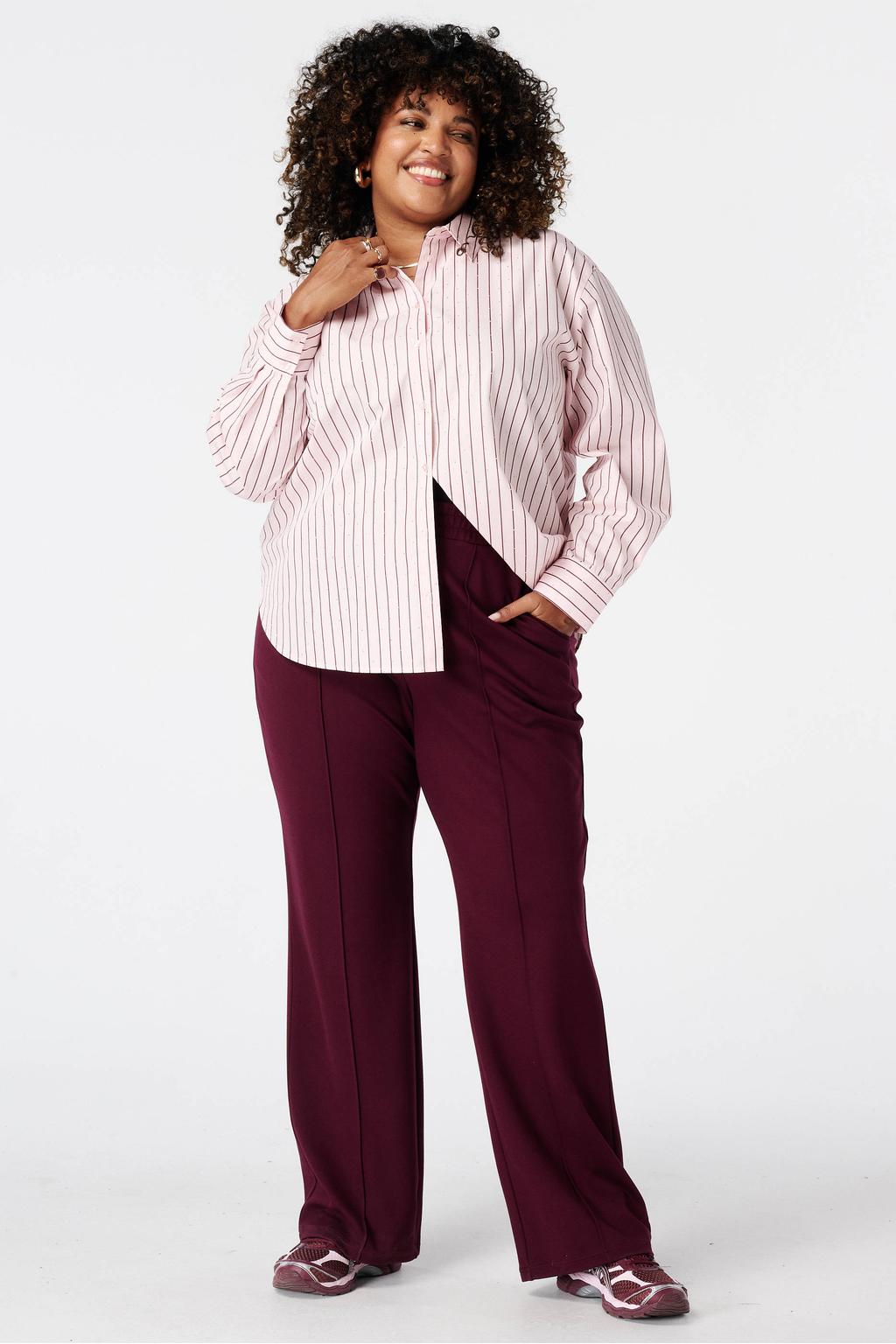 Lichtroze dames MS Mode gestreepte blouse Plus Size van katoen met lange mouwen, klassieke kraag, knoopsluiting en strass steentjes