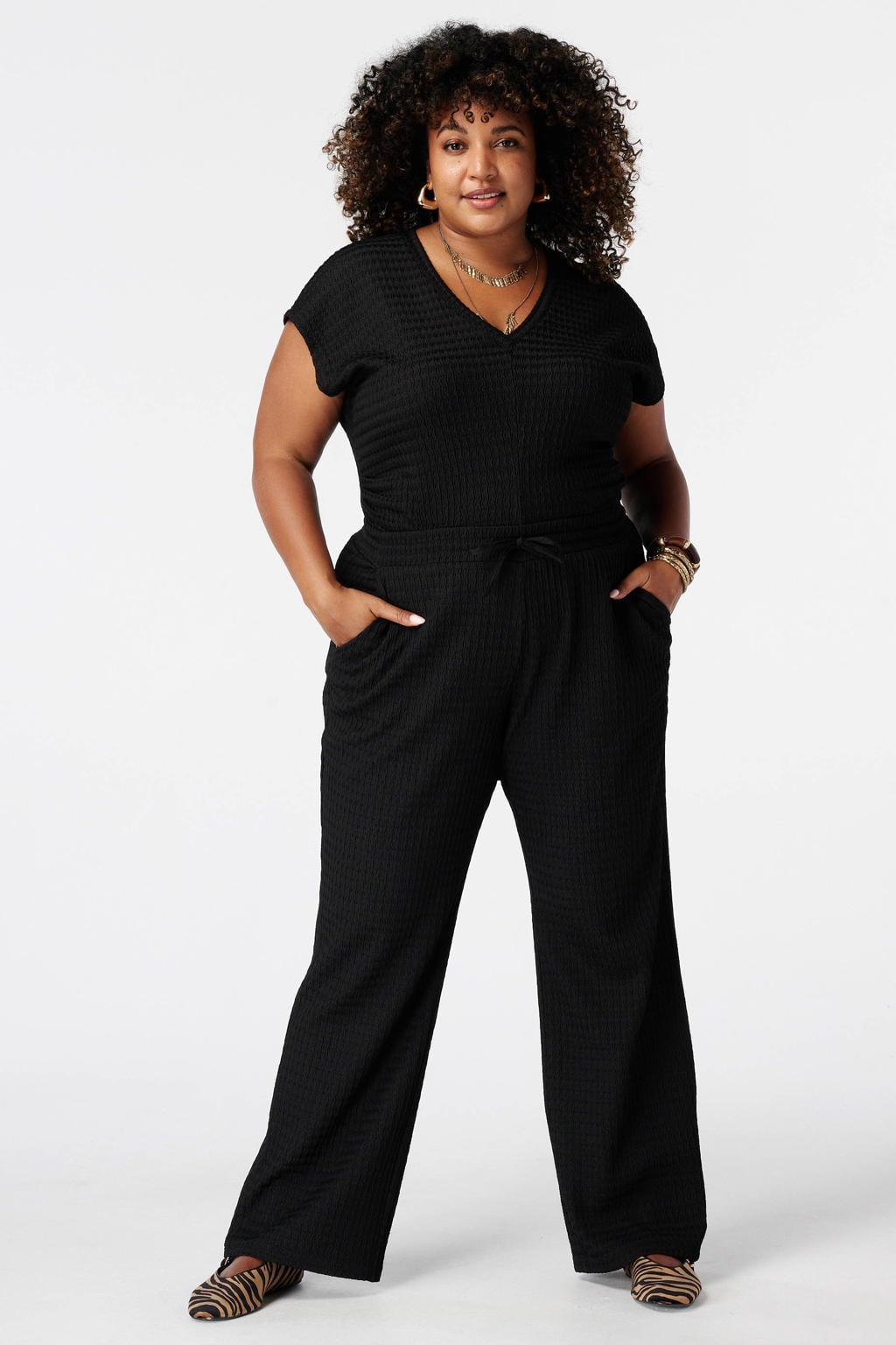 Zwarte dames MS Mode wide leg broek Plus Size met elastische tailleband met koord en effen