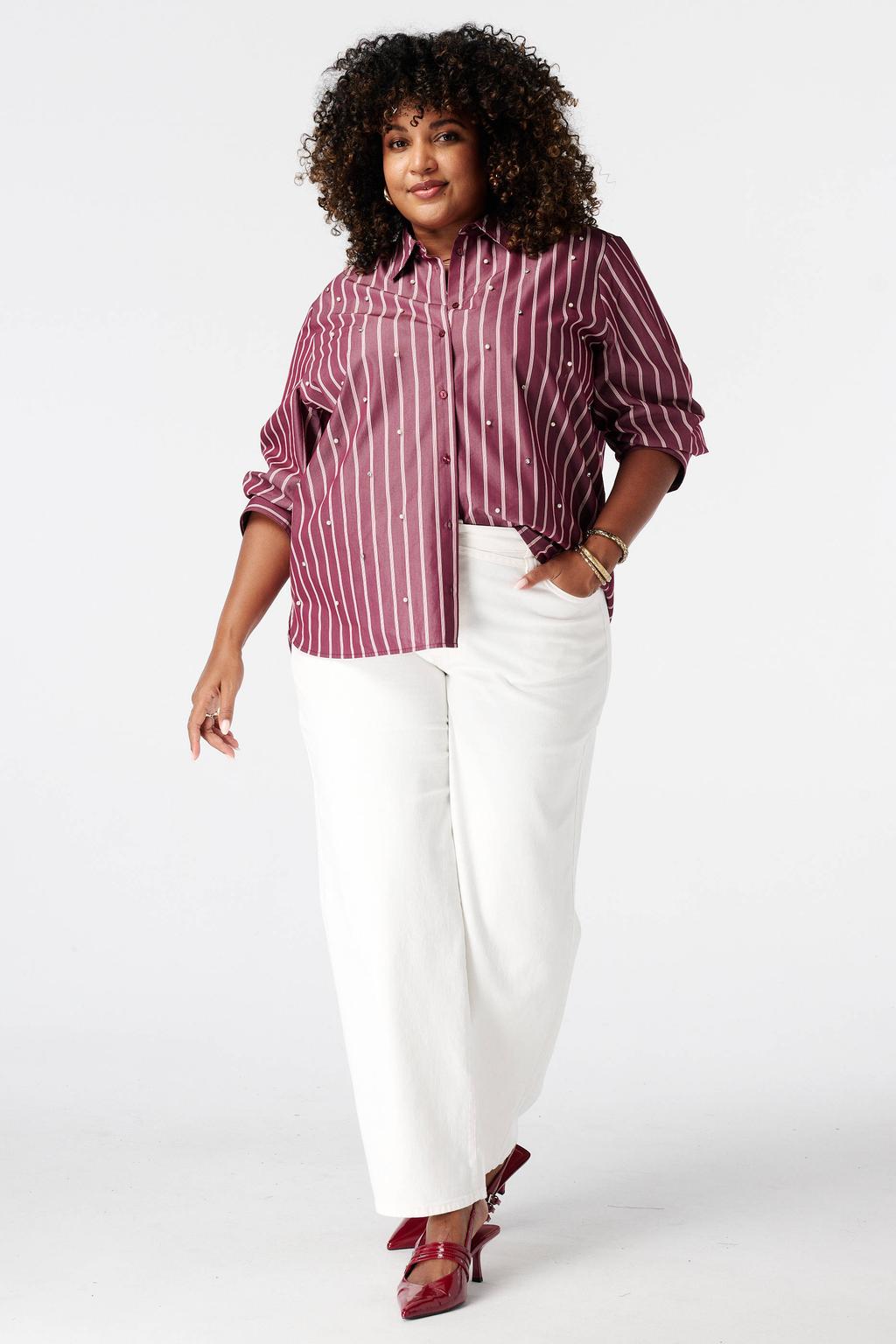 Donkerrode dames MS Mode gestreepte blouse Plus Size van katoen met lange mouwen, klassieke kraag en knoopsluiting