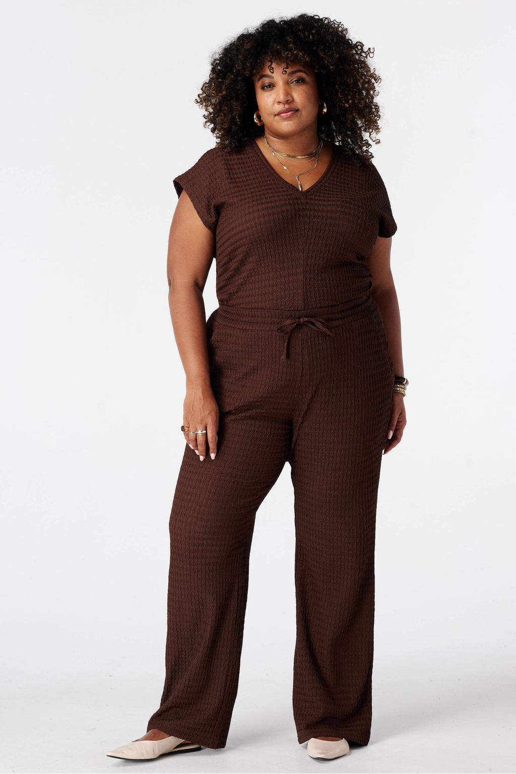 Bruine dames MS Mode wide leg broek Plus Size met elastische tailleband met koord en effen