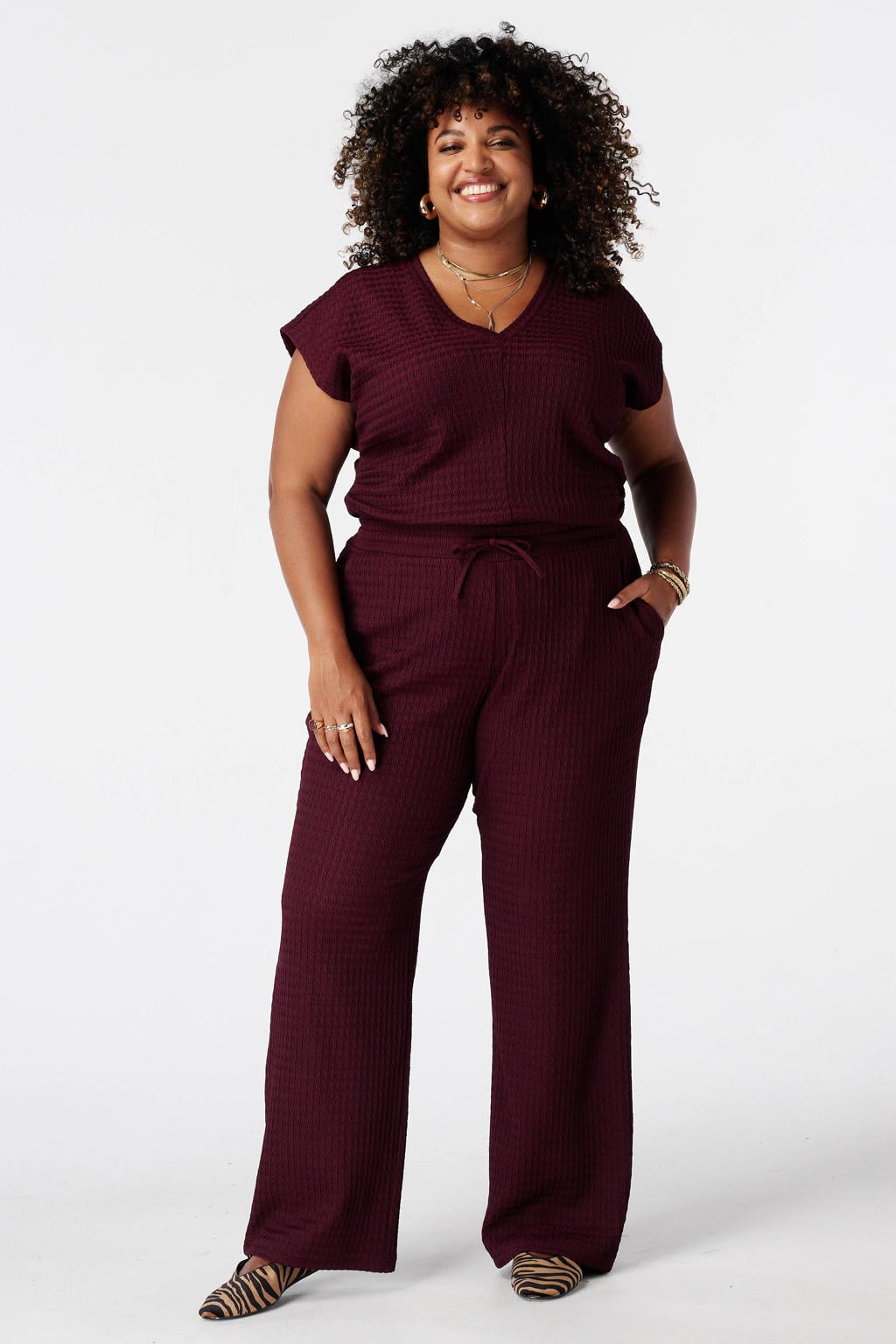 Donkerrode dames MS Mode wide leg broek Plus Size met elastische tailleband met koord en effen