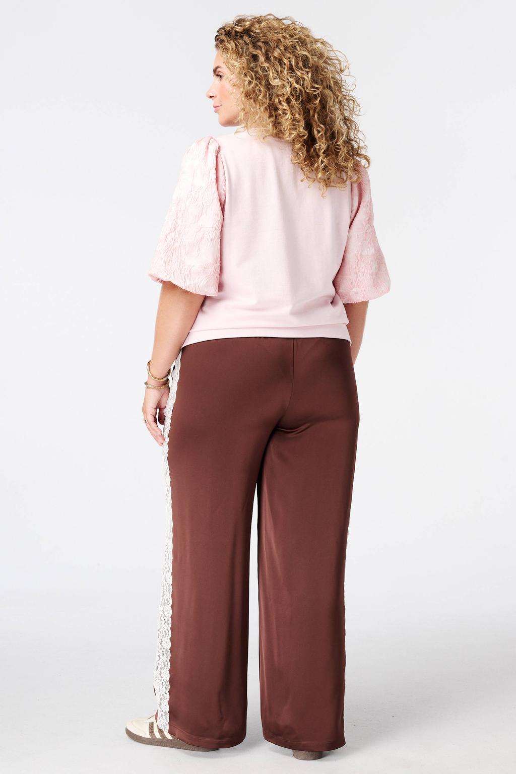 Bruin en ecru dames MS Mode wide leg broek Plus Size met elastische tailleband met koord en effen