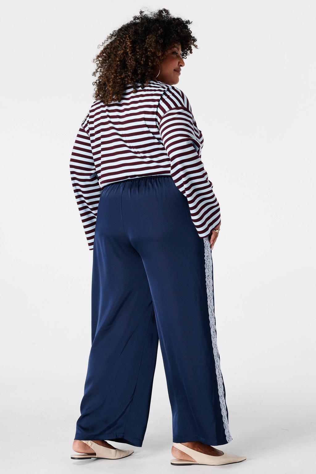 Donkerblauwe dames MS Mode regular waist wide leg broek Plus Size met elastische tailleband met koord en effen