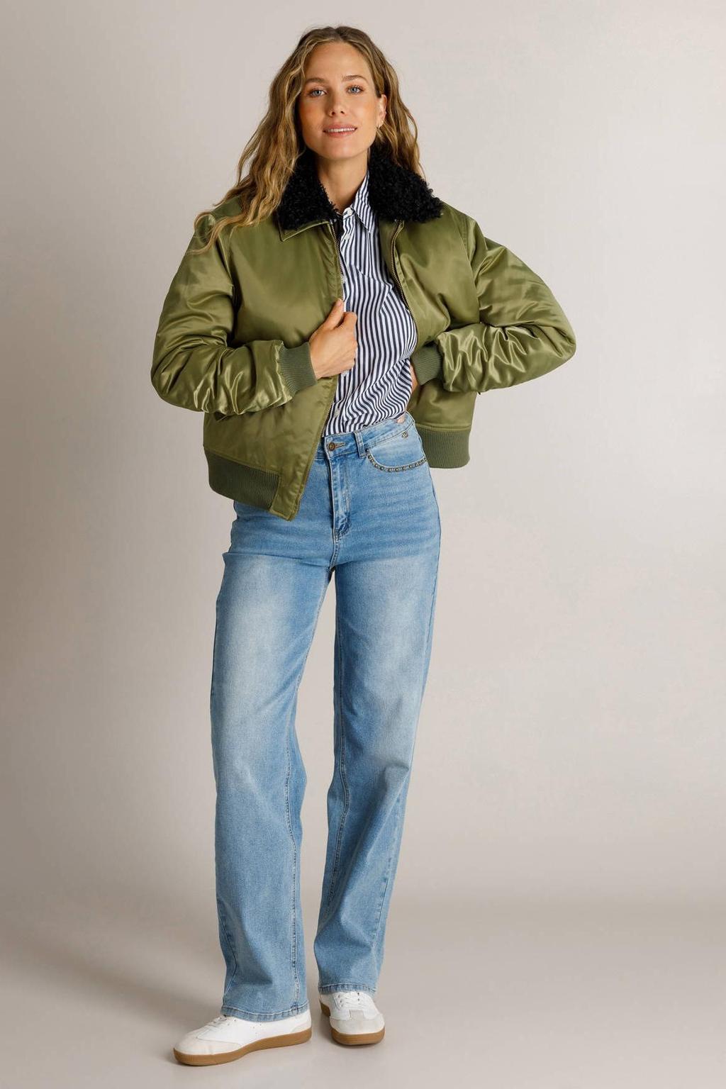 Groen en zwarte dames Ivy Beau bomberjack van polyamide met effen, lange mouwen, ronde hals en ritssluiting