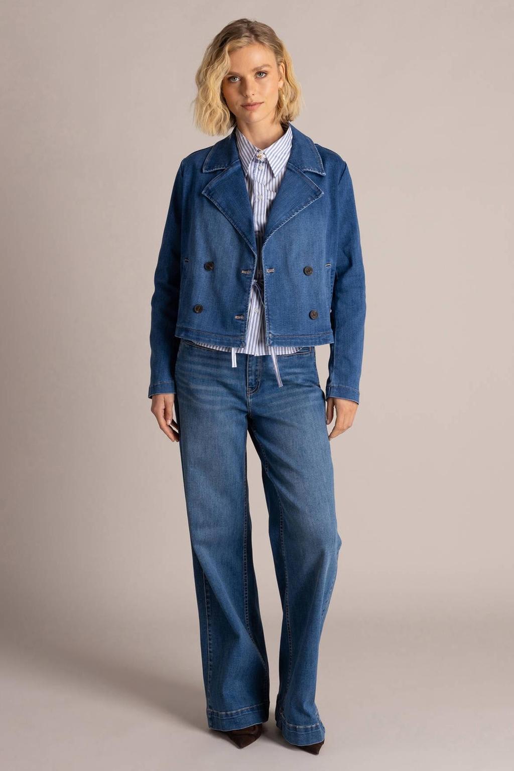 Dark blue denim dames Yest spijkerjas van katoen met effen, lange mouwen, klassieke kraag en knoopsluiting