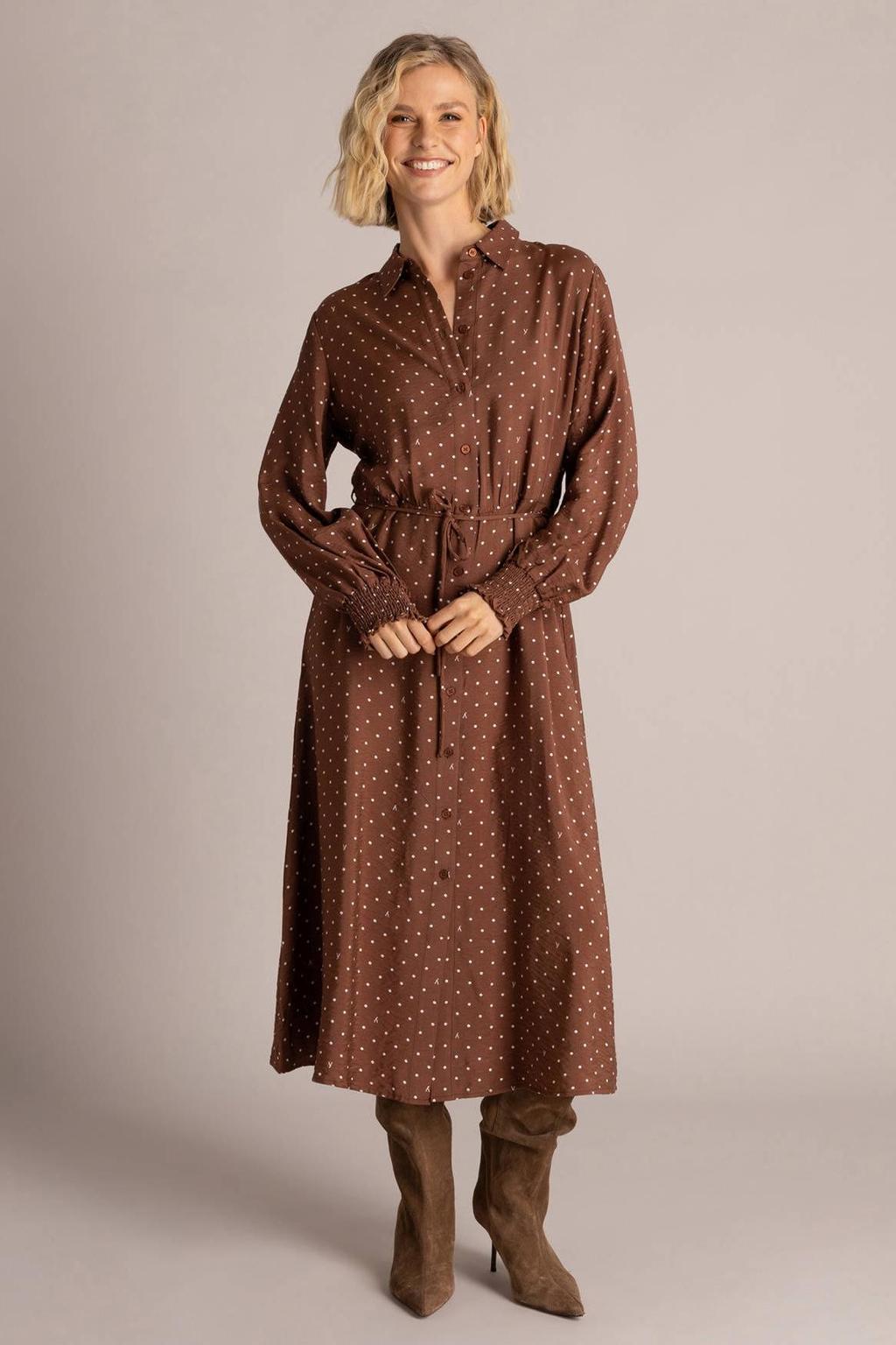 Bruine dames Yest jurk met print van viscose met lange mouwen, klassieke kraag en knoopsluiting