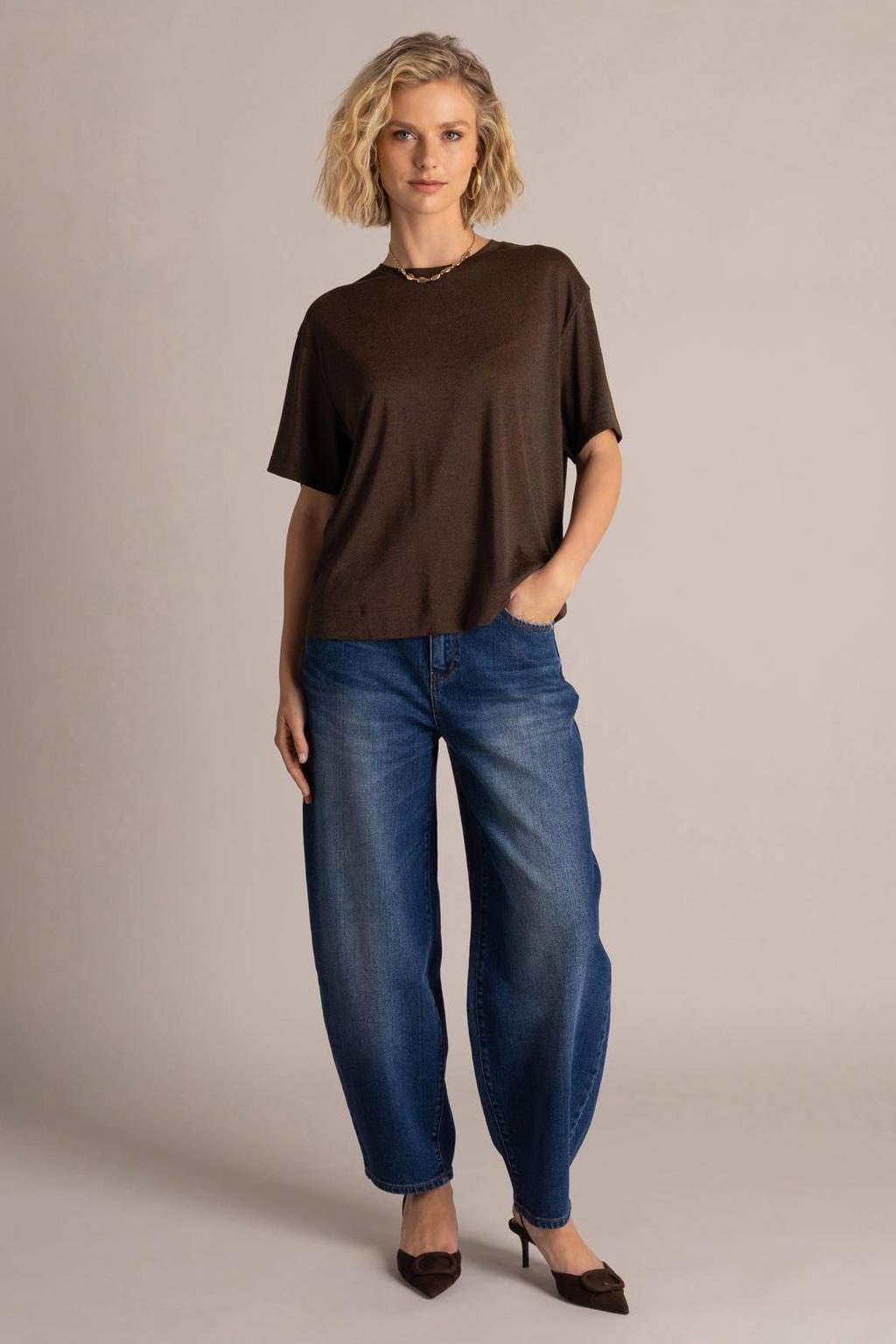 Donkerblauwe dames Yest T-shirt van viscose met effen, korte mouwen en ronde hals