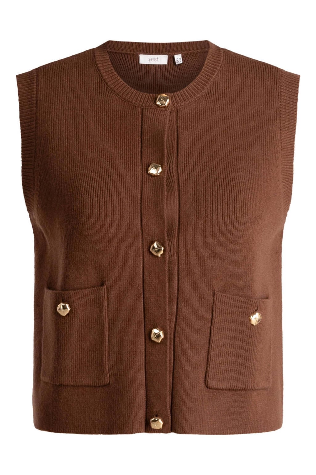 Bruine dames Yest gebreide vest van viscose met effen, ronde hals en knoopsluiting