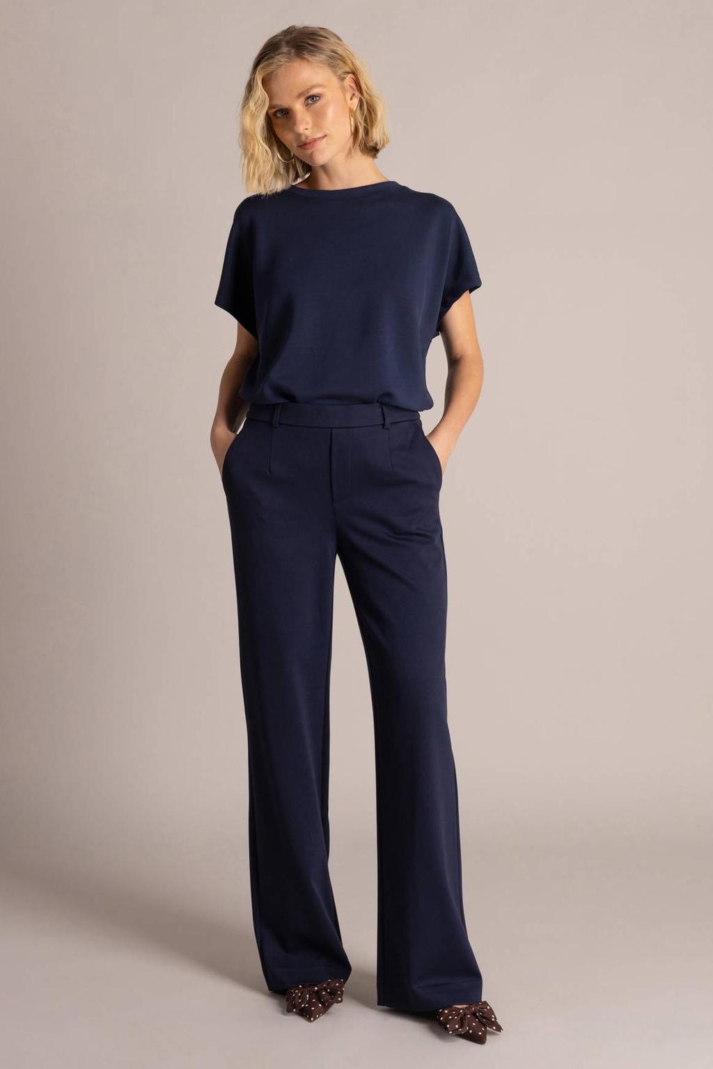 Donkerblauwe dames Yest wide leg broek van viscose met high waist en effen