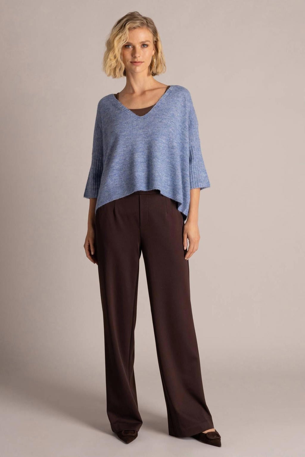 Bruine dames Yest wide leg broek van viscose met high waist en effen