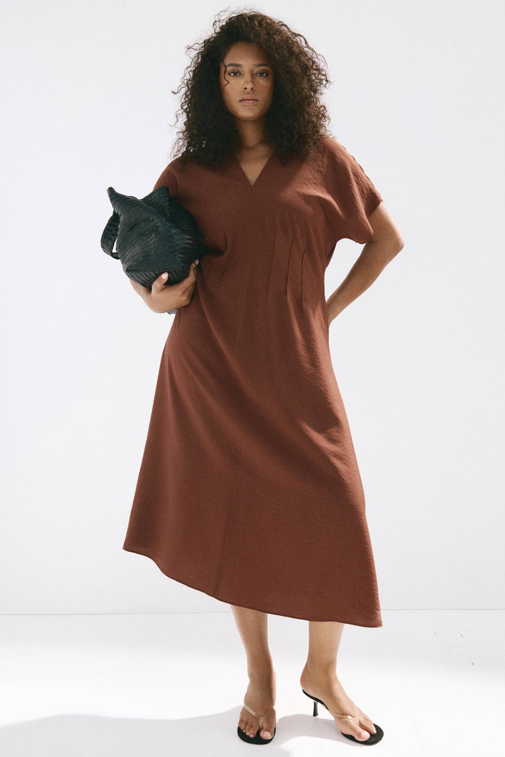 Donkerblauwe dames Mango midi jurk van viscose met effen, korte mouwen, V-hals en ritssluiting