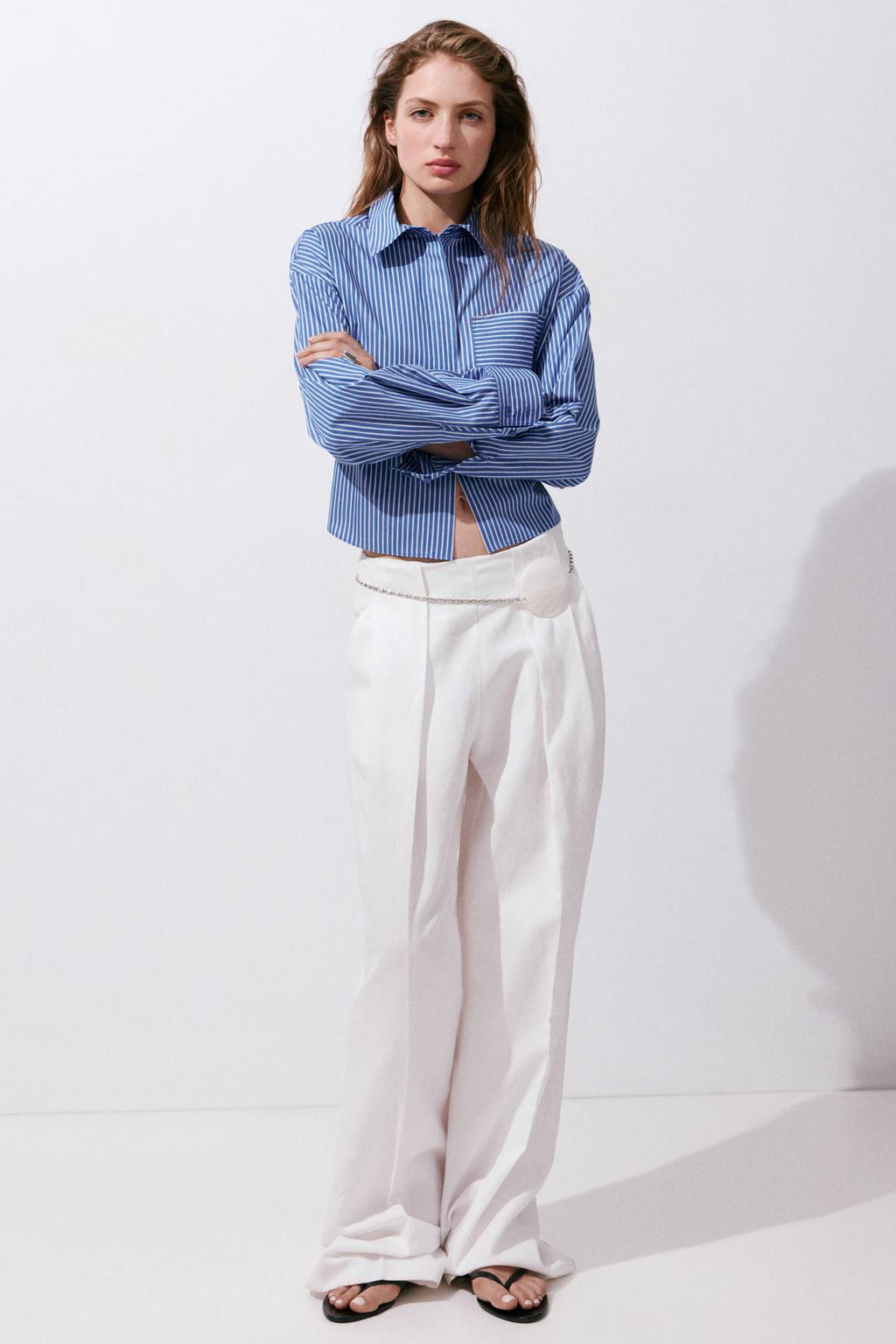 Blauw en witte dames Mango gestreepte blouse van polyester met lange mouwen, klassieke kraag en knoopsluiting