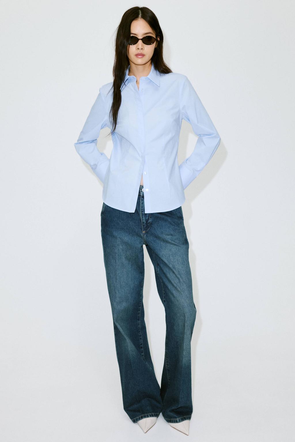 Lichtblauwe dames Mango blouse van katoen met effen, lange mouwen, klassieke kraag en knoopsluiting