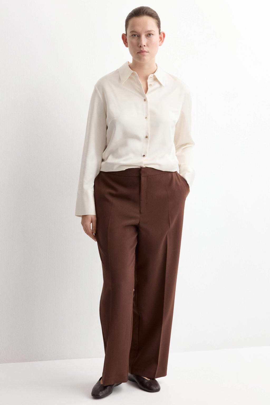 Ecru dames Mango blouse van polyester met effen, lange mouwen, klassieke kraag en knoopsluiting