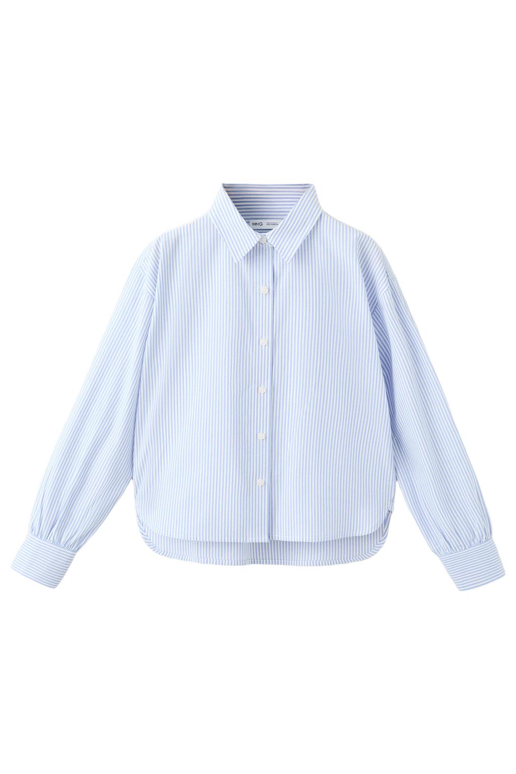 Lichtblauw en witte meisjes Mango Kids gestreepte blouse van katoen met lange mouwen, klassieke kraag en knoopsluiting