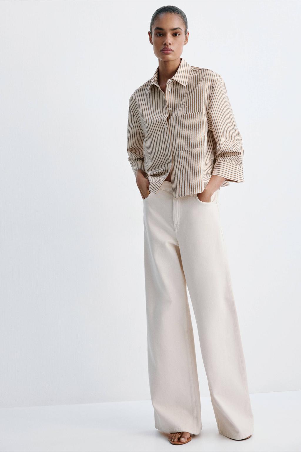 , bruin en ecru dames Mango gestreepte blouse van polyester met lange mouwen, klassieke kraag en knoopsluiting