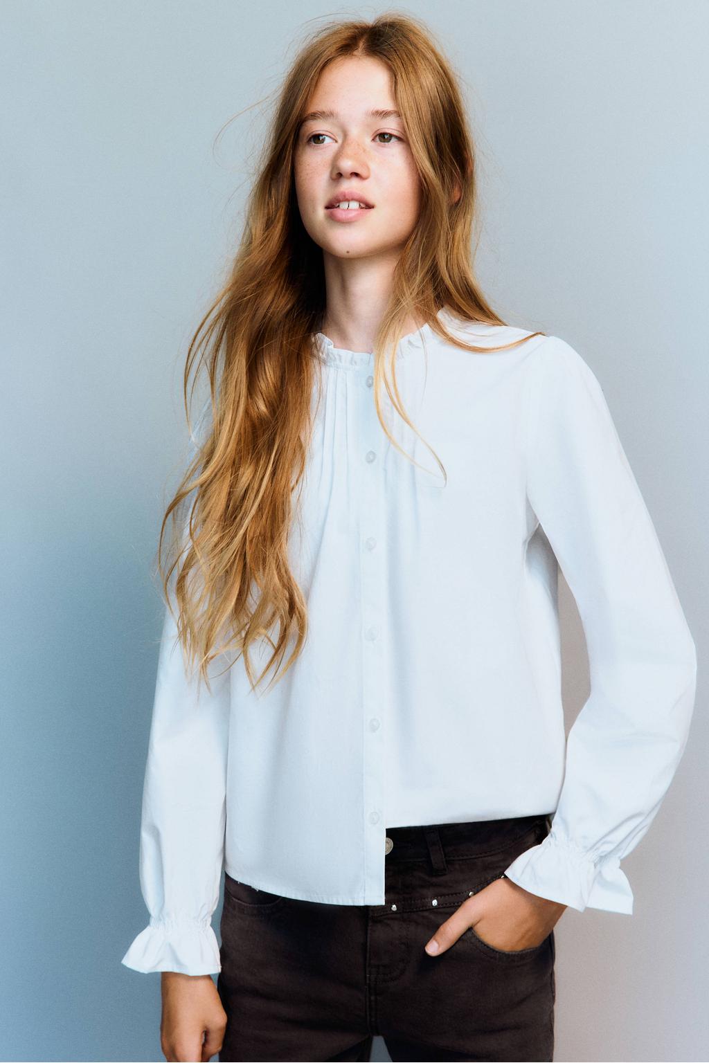 Witte meisjes Mango Kids blouse en ruches met lange mouwen, opstaande kraag en knoopsluiting