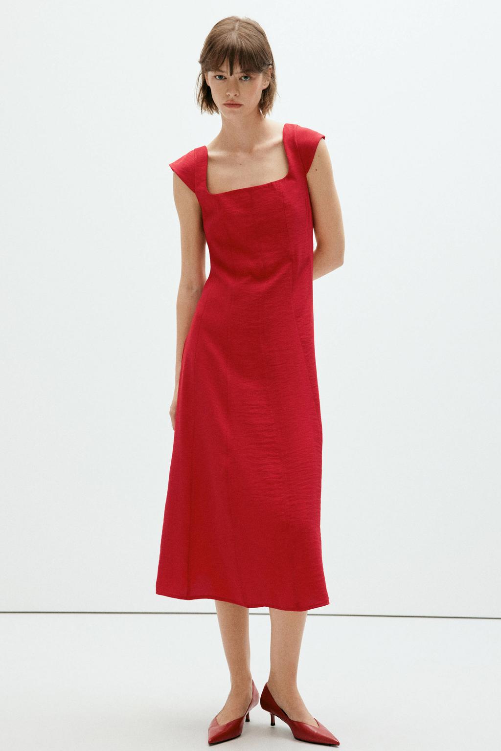 Rode dames Mango midi zomerjurk van viscose met effen, vierkante hals, ritssluiting en strikje