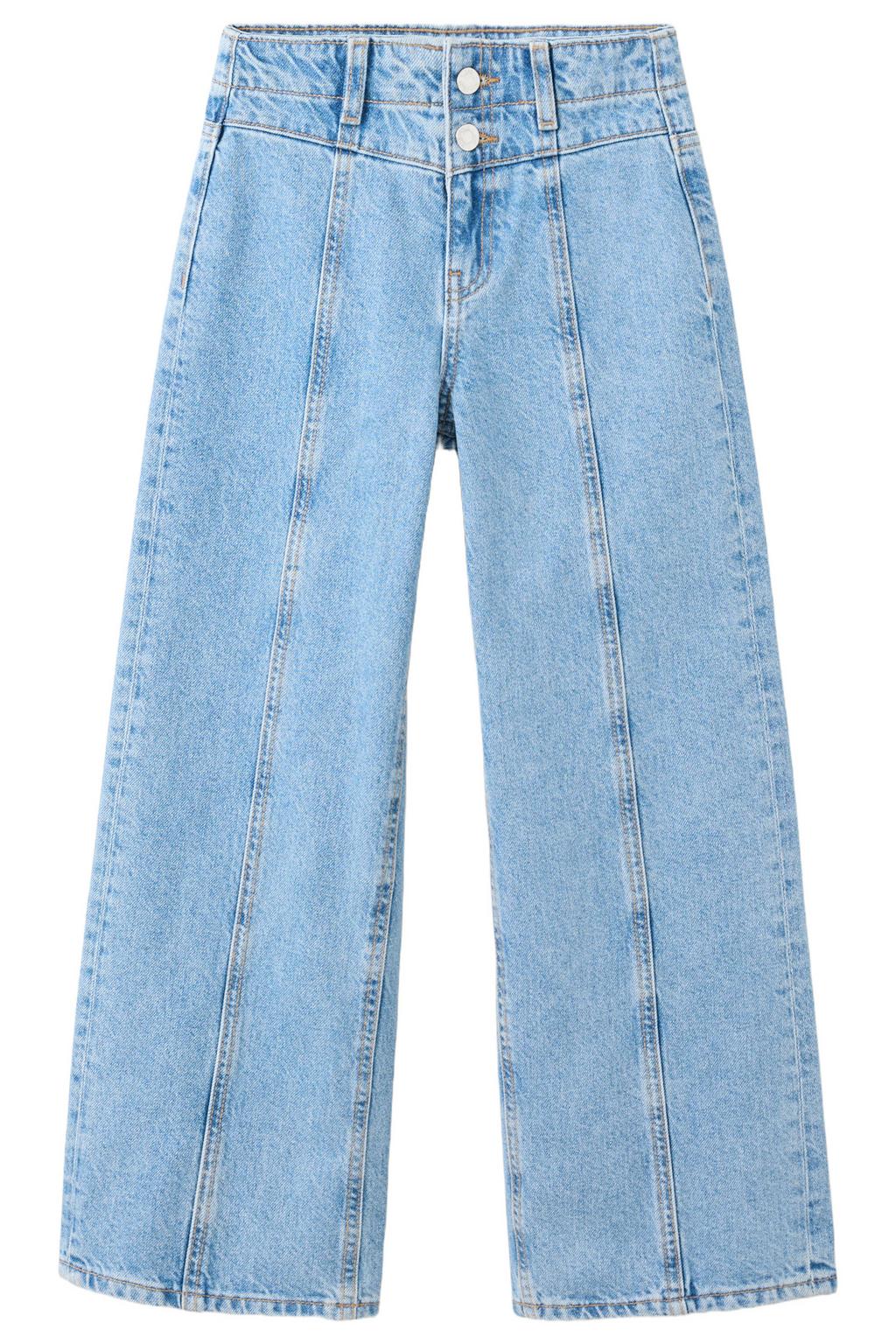 Light blue denim meisjes Mango Kids wide leg jeans van denim met rits- en knoopsluiting en effen