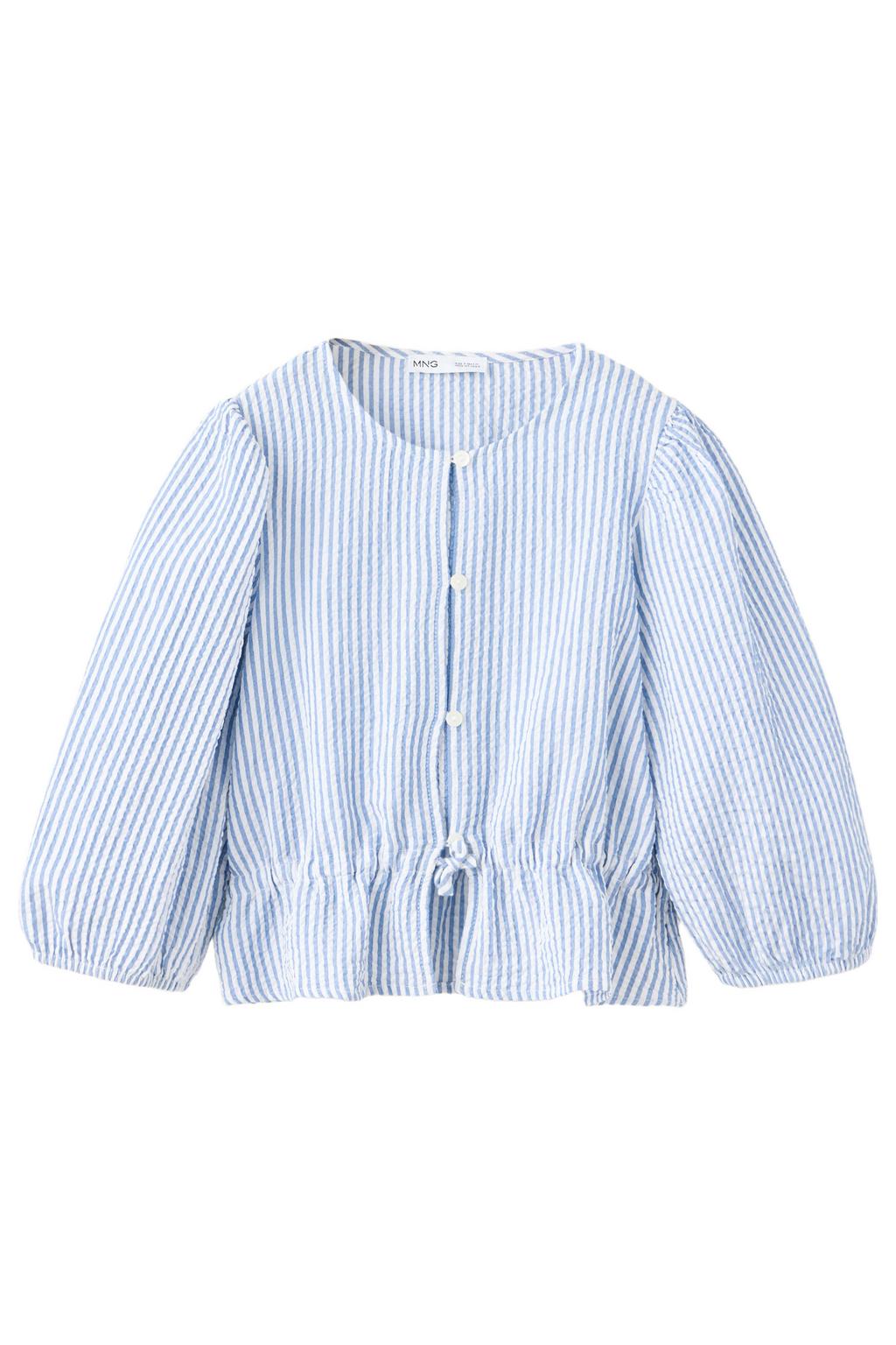 Lichtblauw en witte meisjes Mango Kids gestreepte blouse van katoen met driekwart mouwen, ronde hals, knoopsluiting en volant