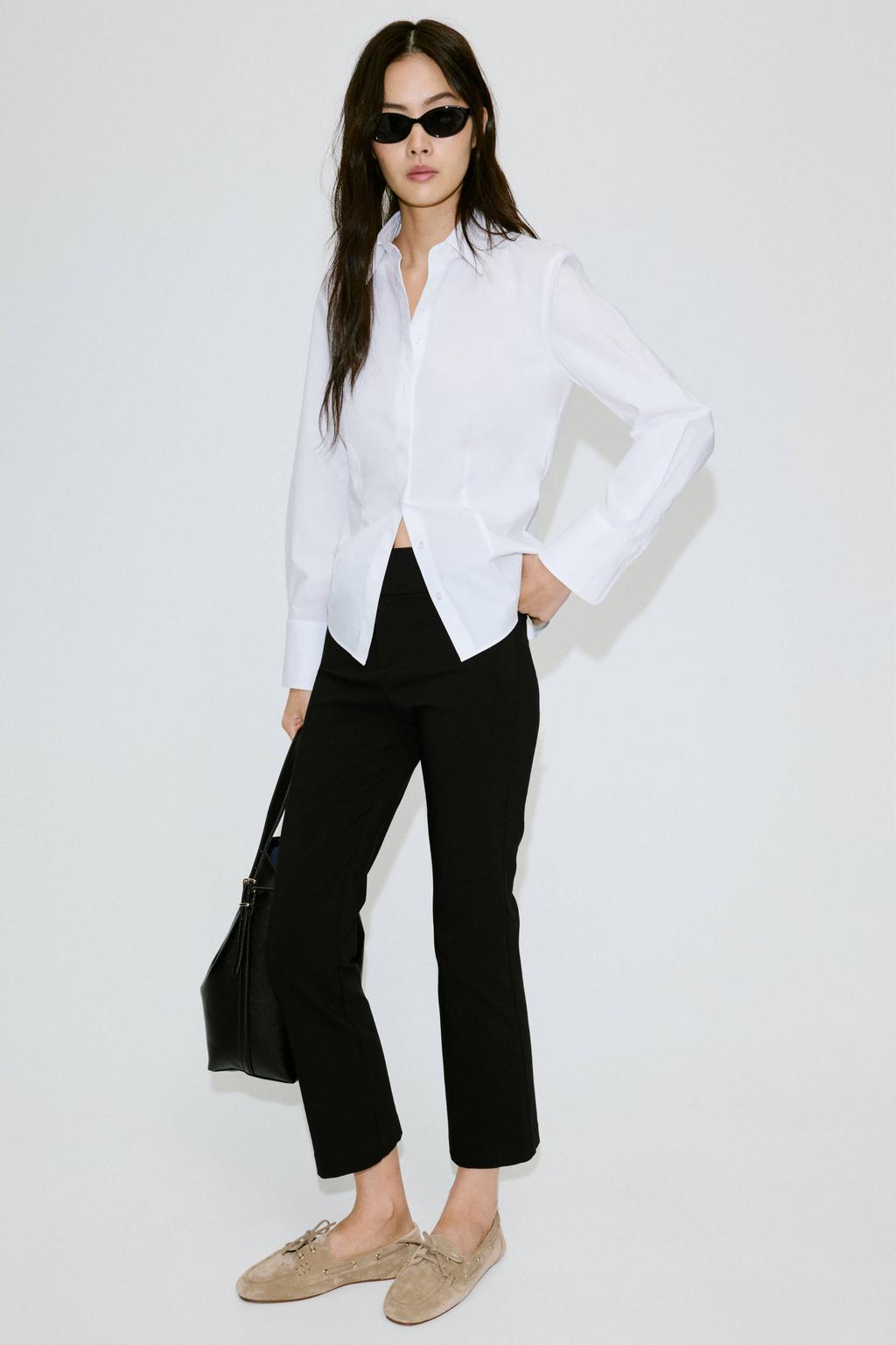 Witte dames Mango blouse van katoen met effen, lange mouwen, klassieke kraag en knoopsluiting