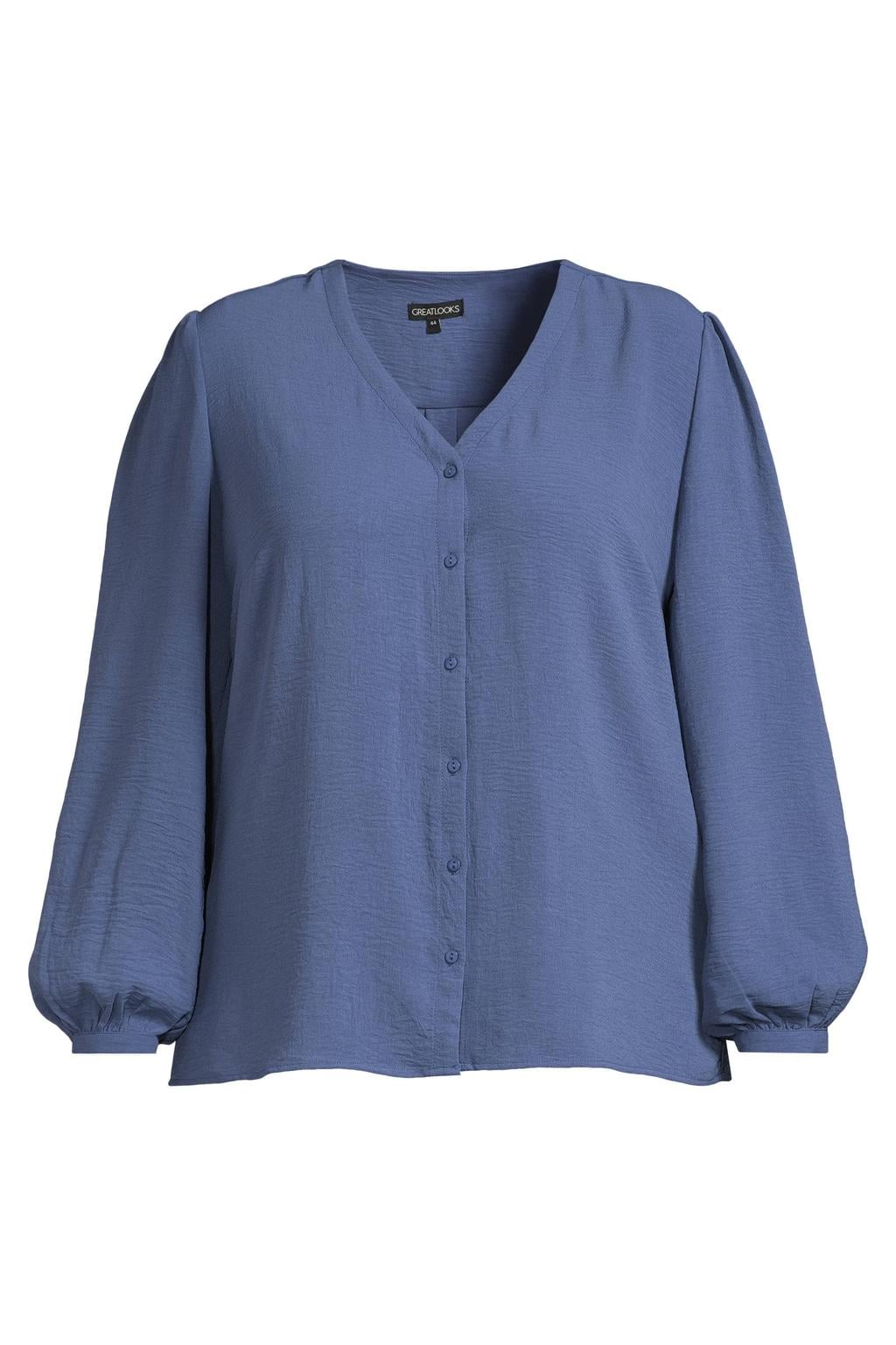 Grijsblauwe dames GREAT LOOKS blouse blauw van polyester met effen, driekwart mouwen, V-hals, knoopsluiting en textuur