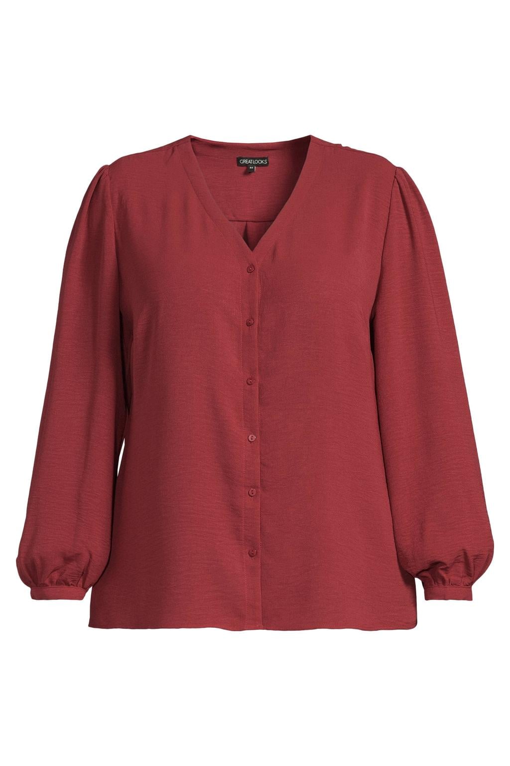 Rode dames GREAT LOOKS blouse van polyester met effen, driekwart mouwen, V-hals, knoopsluiting en textuur
