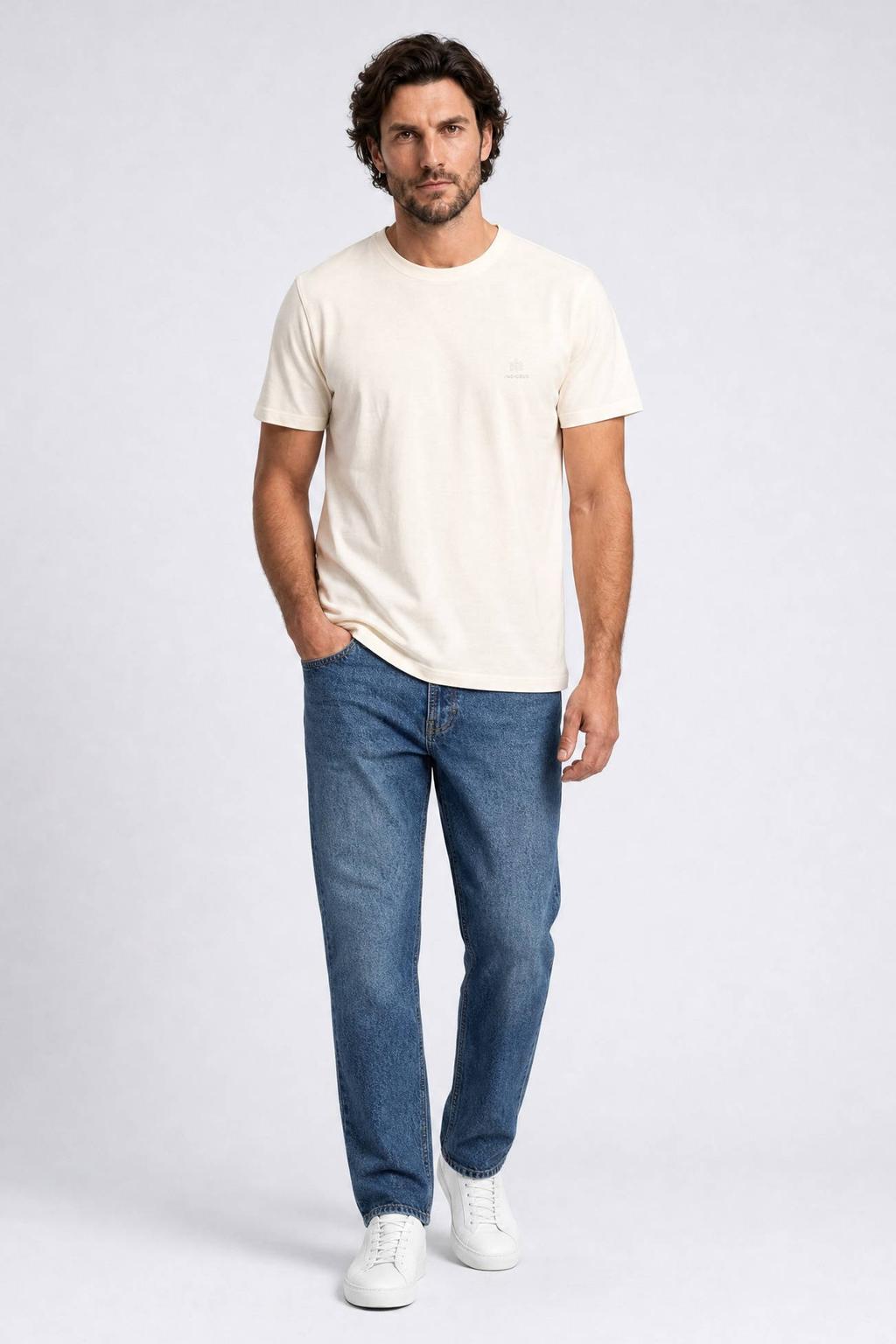 Ecru heren Indigold regular fit T-shirt van katoen met korte mouwen en ronde hals