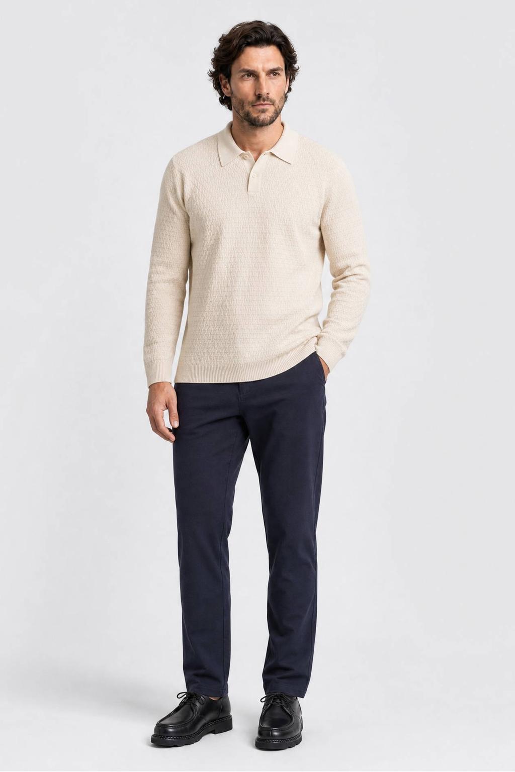 Beige heren Indigold katoenen regular fit gebreide trui met lange mouwen en polo kraag