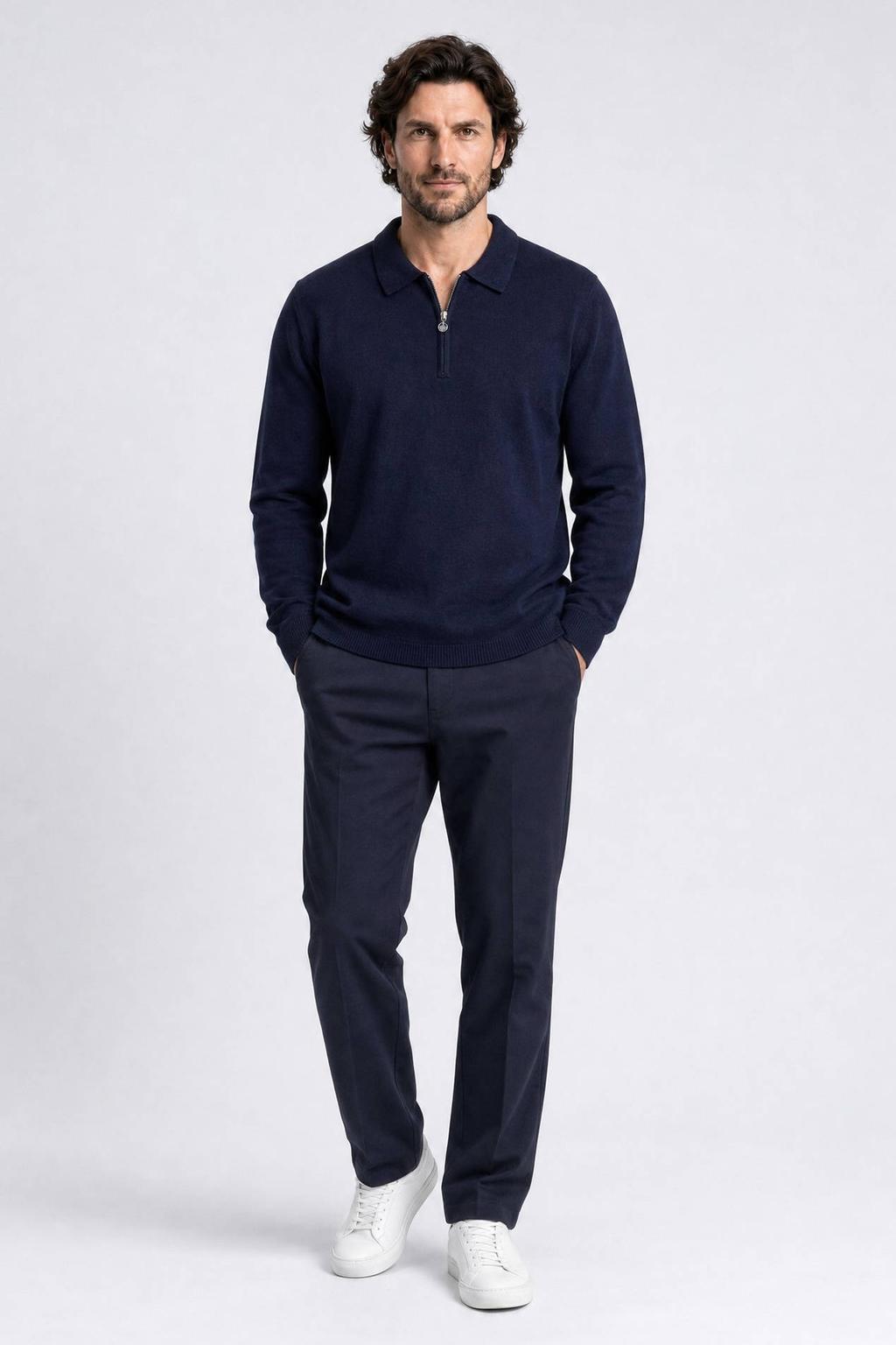 Marineblauw heren Indigold regular fit gebreide trui blauw van viscose met effen, lange mouwen en polo kraag