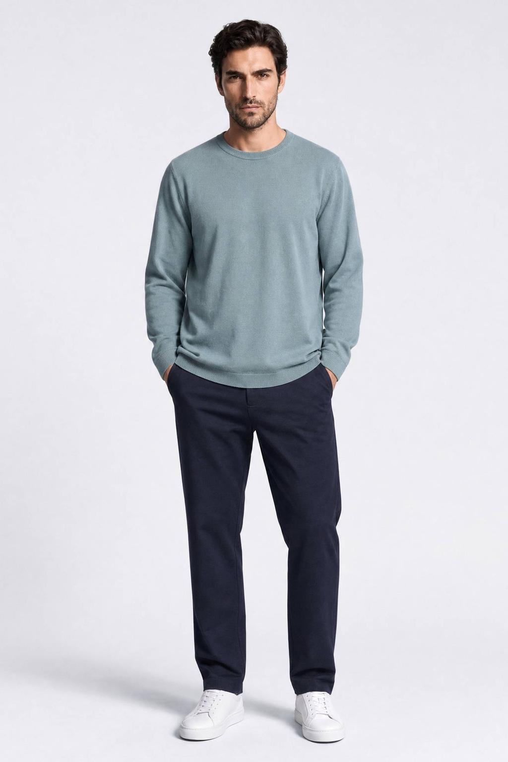 Blauwe heren Indigold regular fit trui van sweat materiaal met effen, lange mouwen, ronde hals en geribde boorden