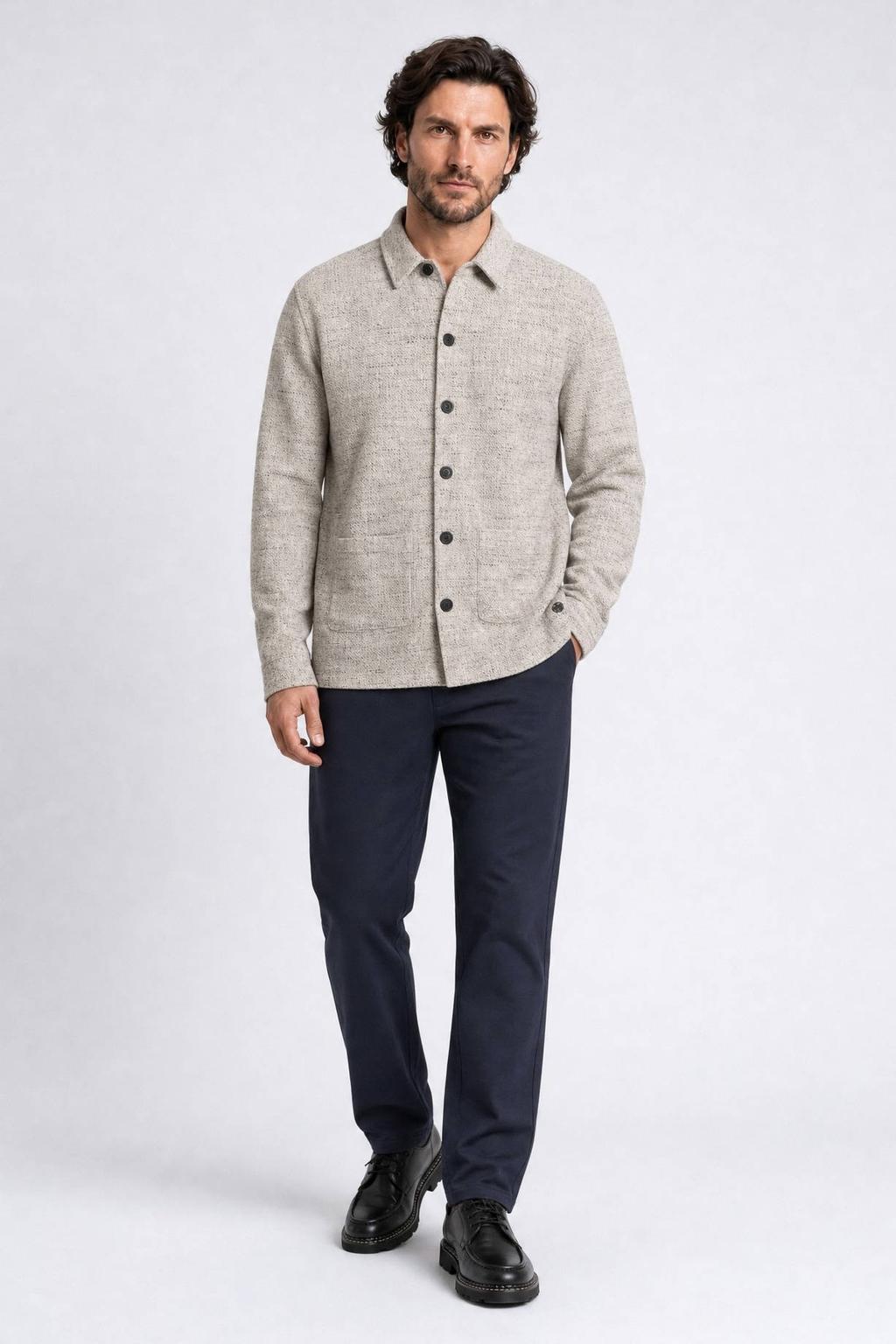 Beige heren Indigold regular fit gemêleerd overshirt dark gull met melée print, lange mouwen en klassieke kraag