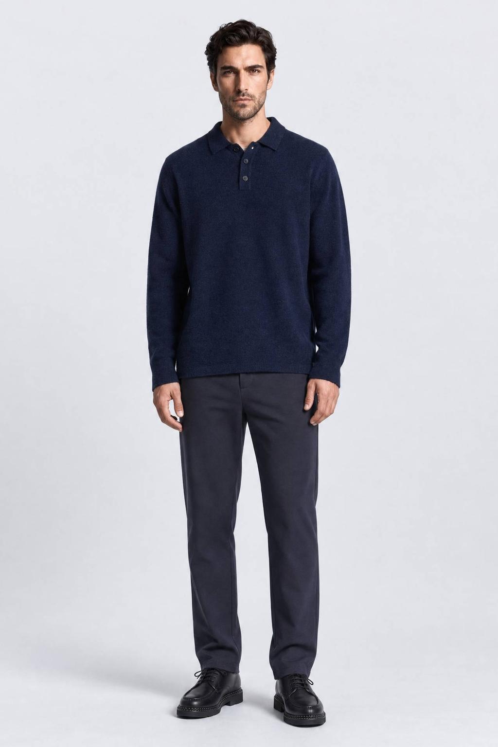 Donkerblauwe heren Indigold regular fit gebreide trui met effen, lange mouwen en polo kraag