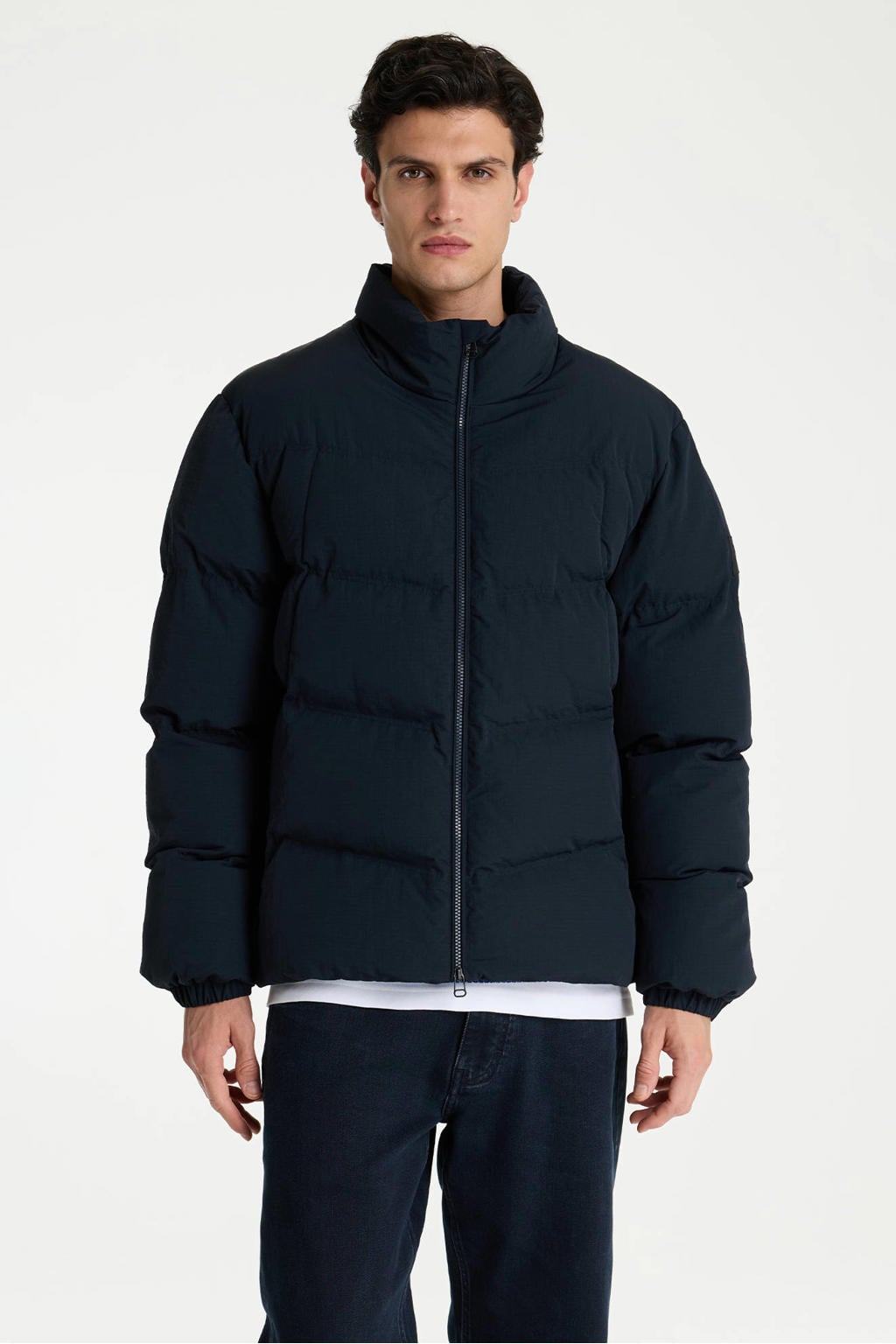 Donkerblauwe heren CHASIN' pufferjas van polyester met effen, lange mouwen, opstaande kraag, 2-way rits en doorgestikte details
