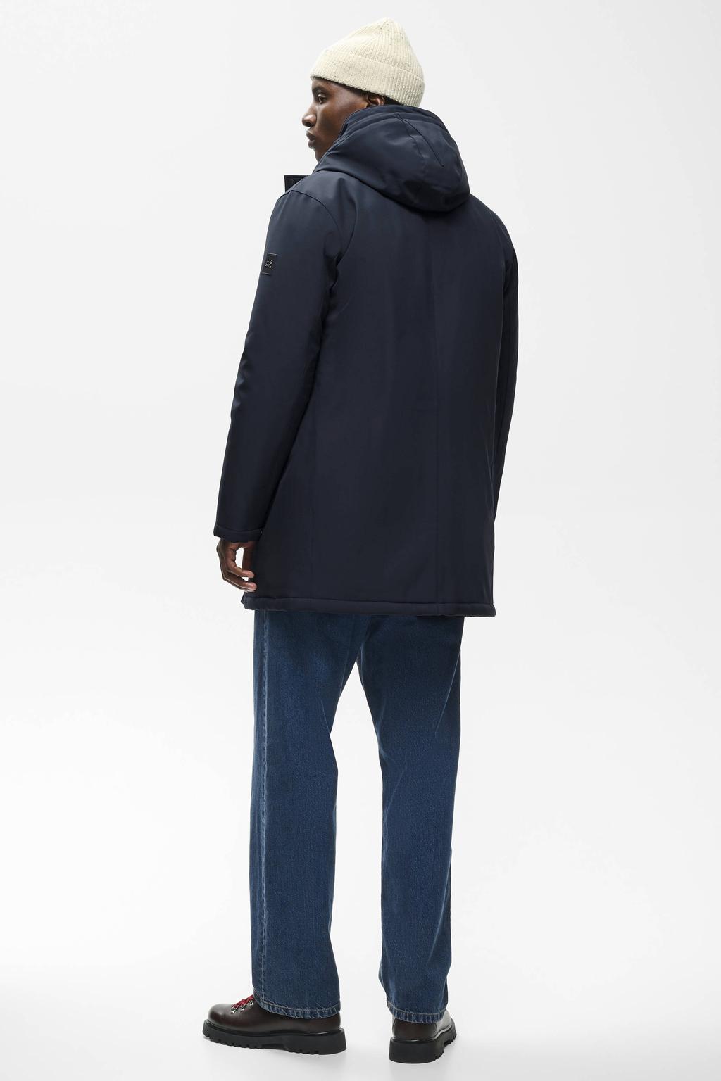 Donkerblauwe heren Matinique winterparka van polyester met effen, lange mouwen, capuchon en rits- en drukknoopsluiting