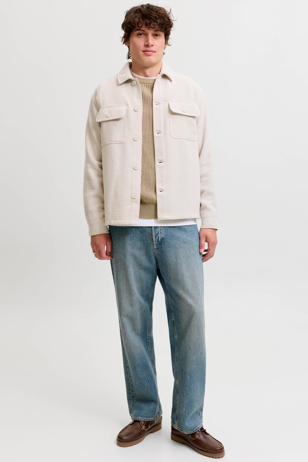 Beige heren JACK & JONES regular fit gebreide trui van acryl met effen, lange mouwen en ronde hals