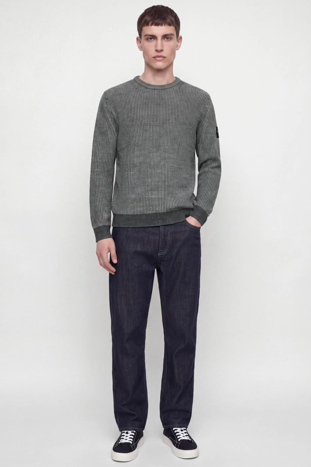 Grijsblauwe heren JACK & JONES regular fit gebreide gemêleerde trui blauw van acryl met melée print, lange mouwen en ronde hals