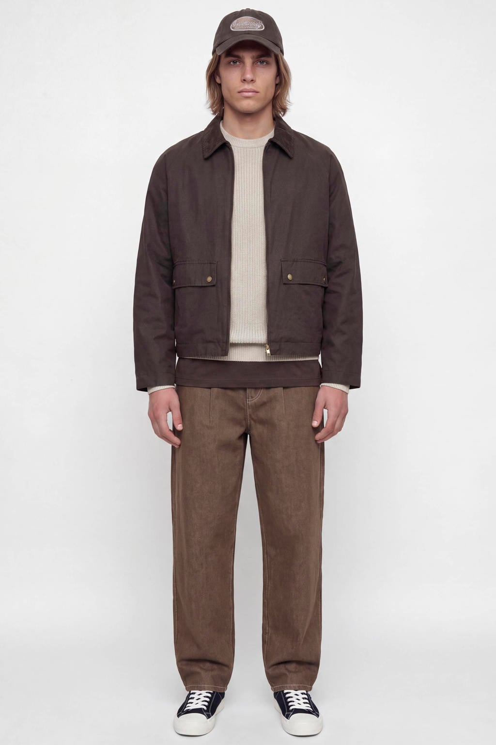 Beige heren JACK & JONES regular fit gebreide trui van acryl met effen, lange mouwen en ronde hals