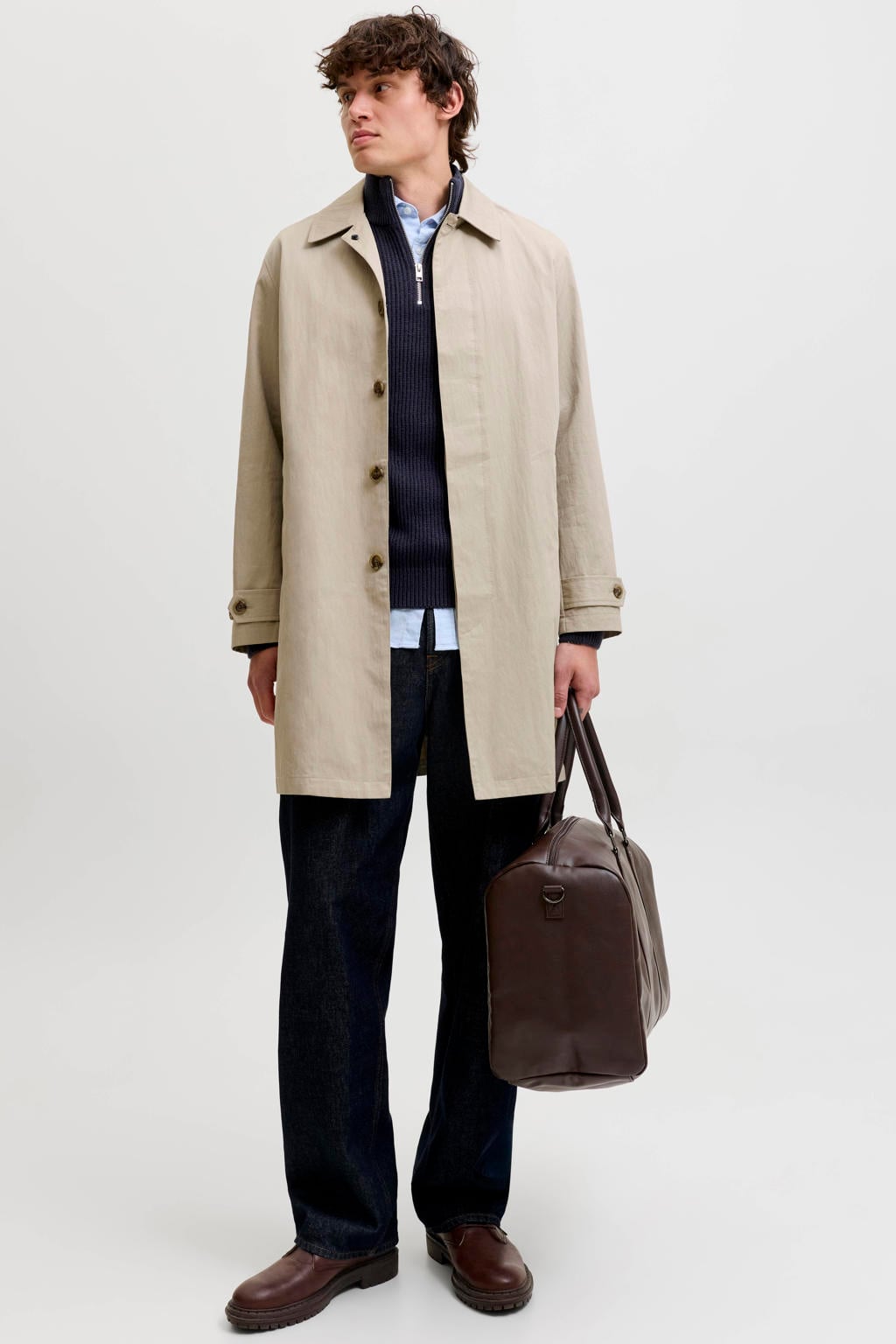 Donkerblauwe heren JACK & JONES regular fit gebreide trui van acryl met effen, lange mouwen en opstaande kraag